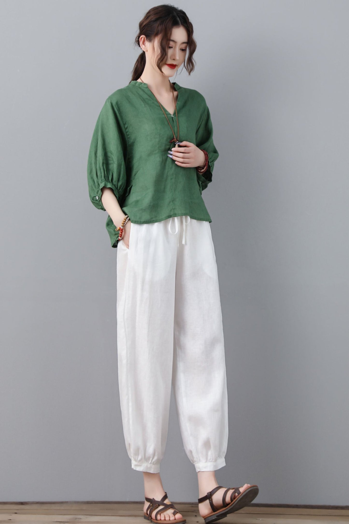 White Casual Cropped Elastic Waist Drawstring Linen Pants C2361