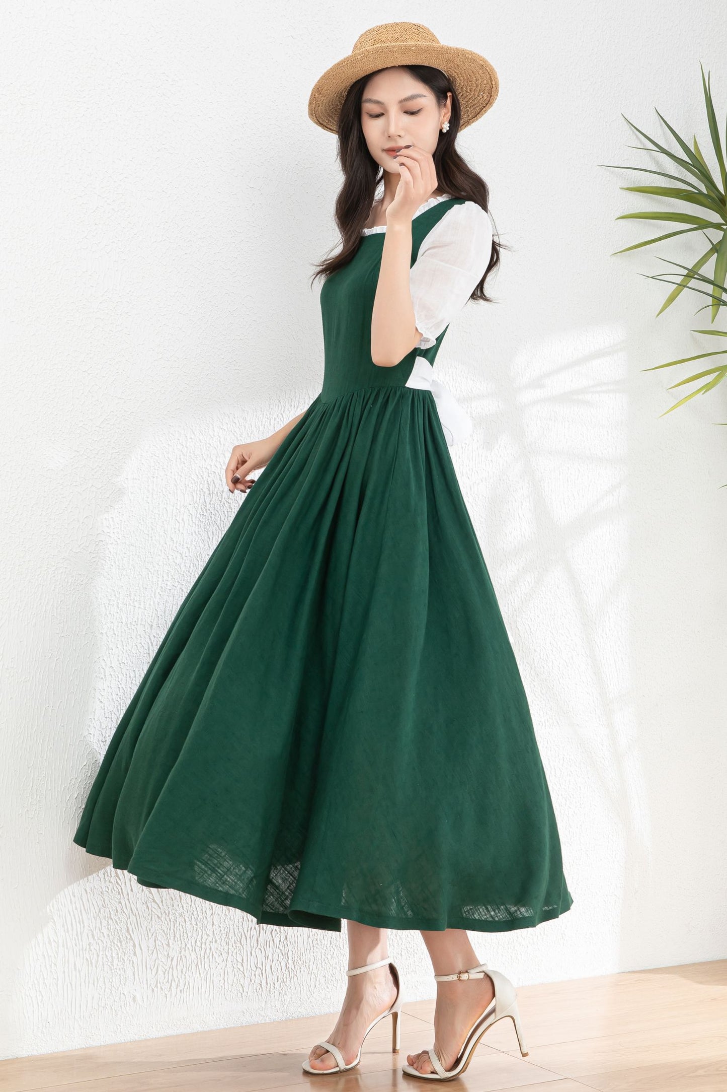 Womens dark green Linen midi Cottagecore Dress c4978