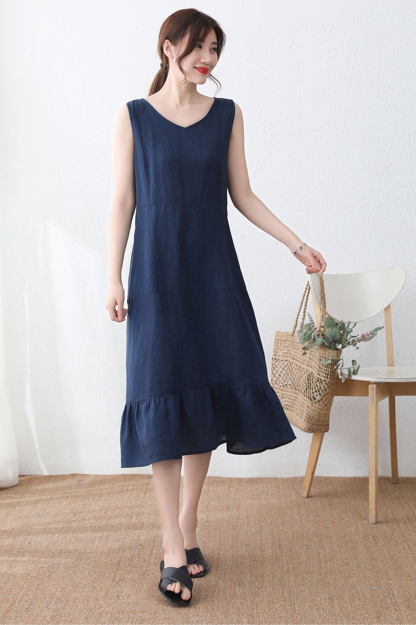 Blue V Neck Sleeveless Dress for Women C2331