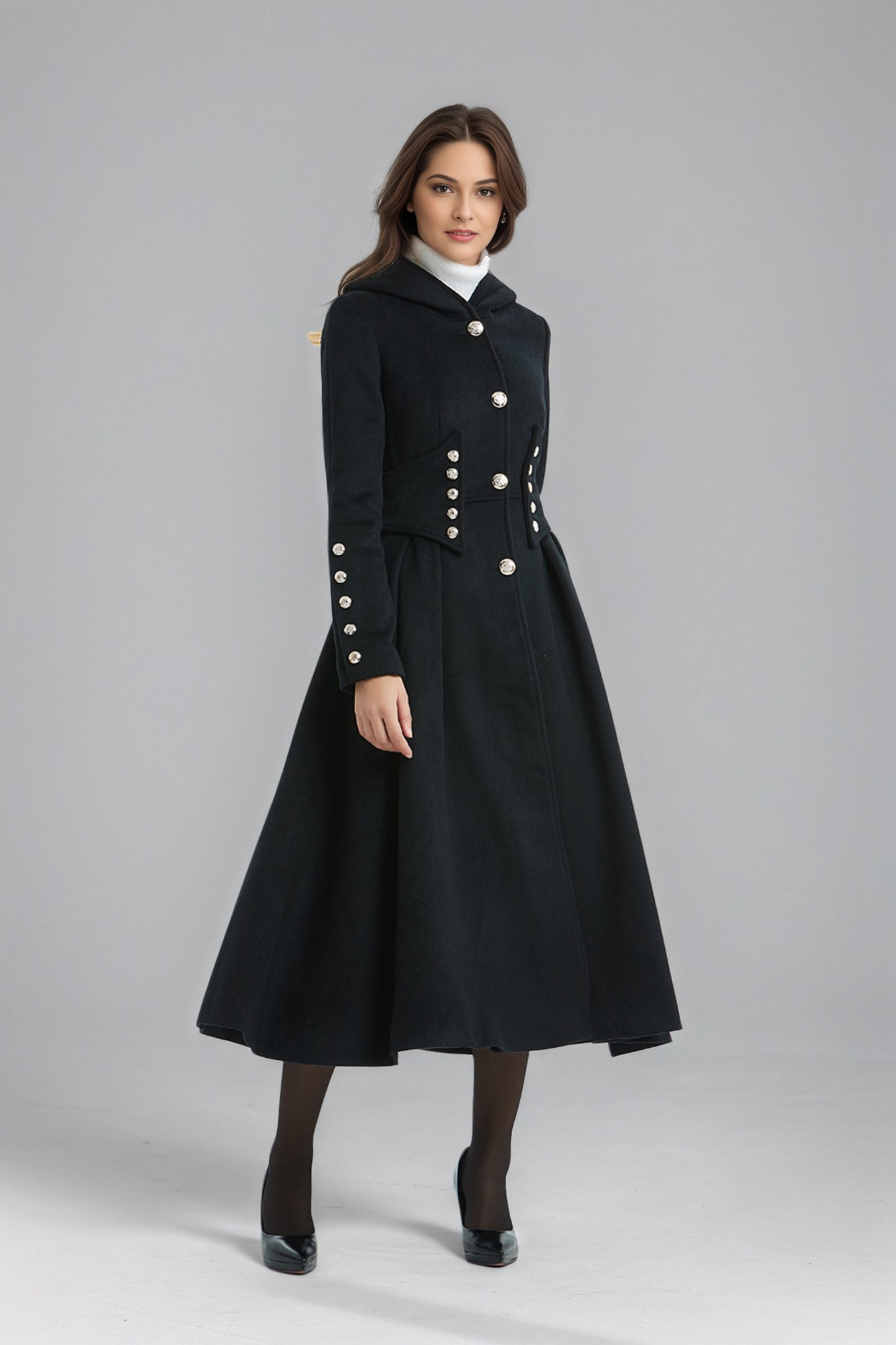 Military Hooded Winter Black Wool Coat C5135
