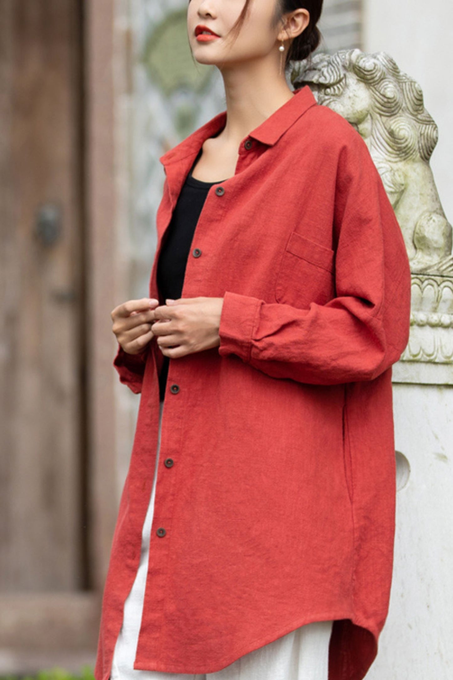 Cotton Linen Long Sleeve Lapel Shirt C3889