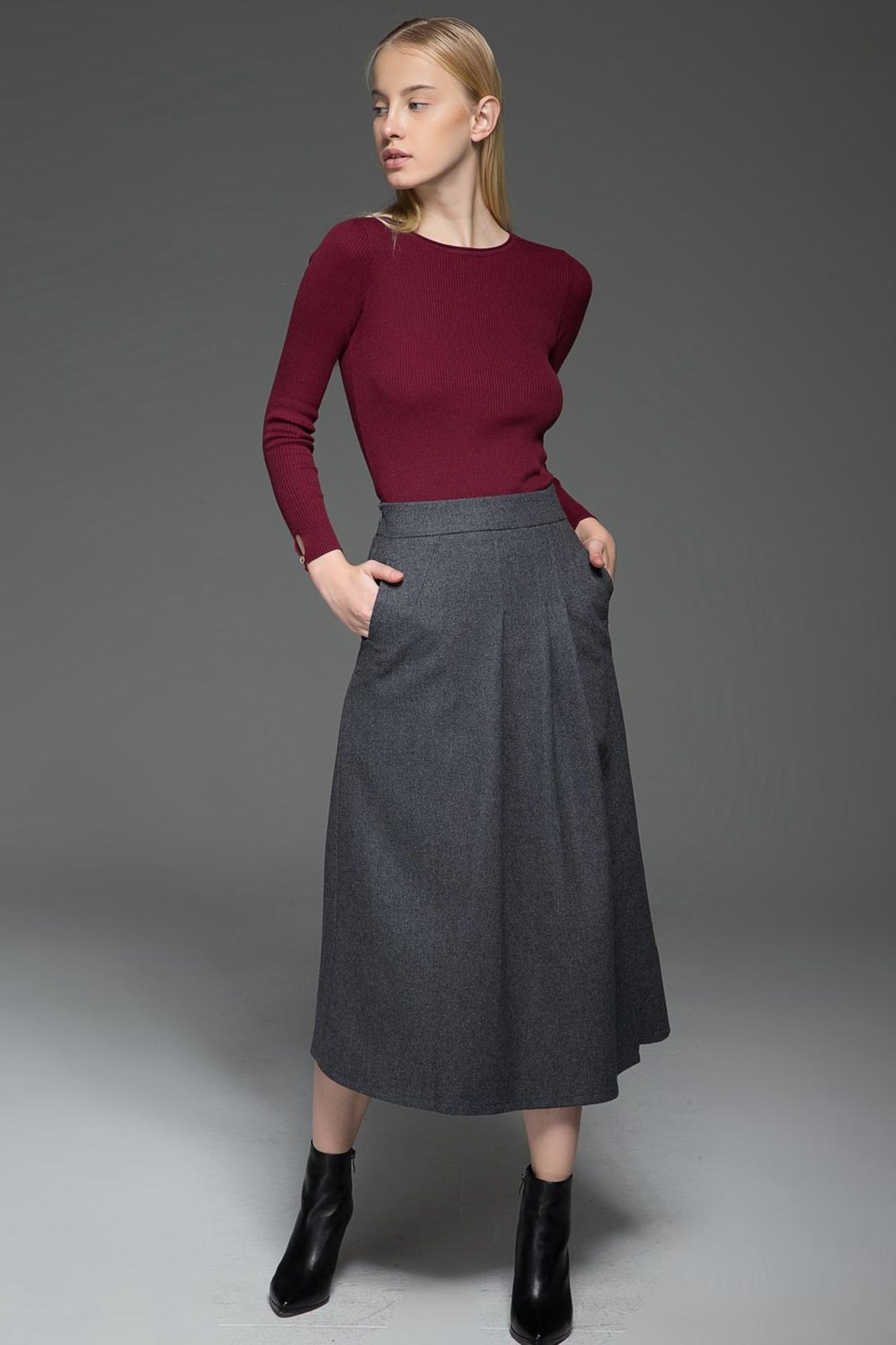 Pleated gray a line winter wool skirt C770