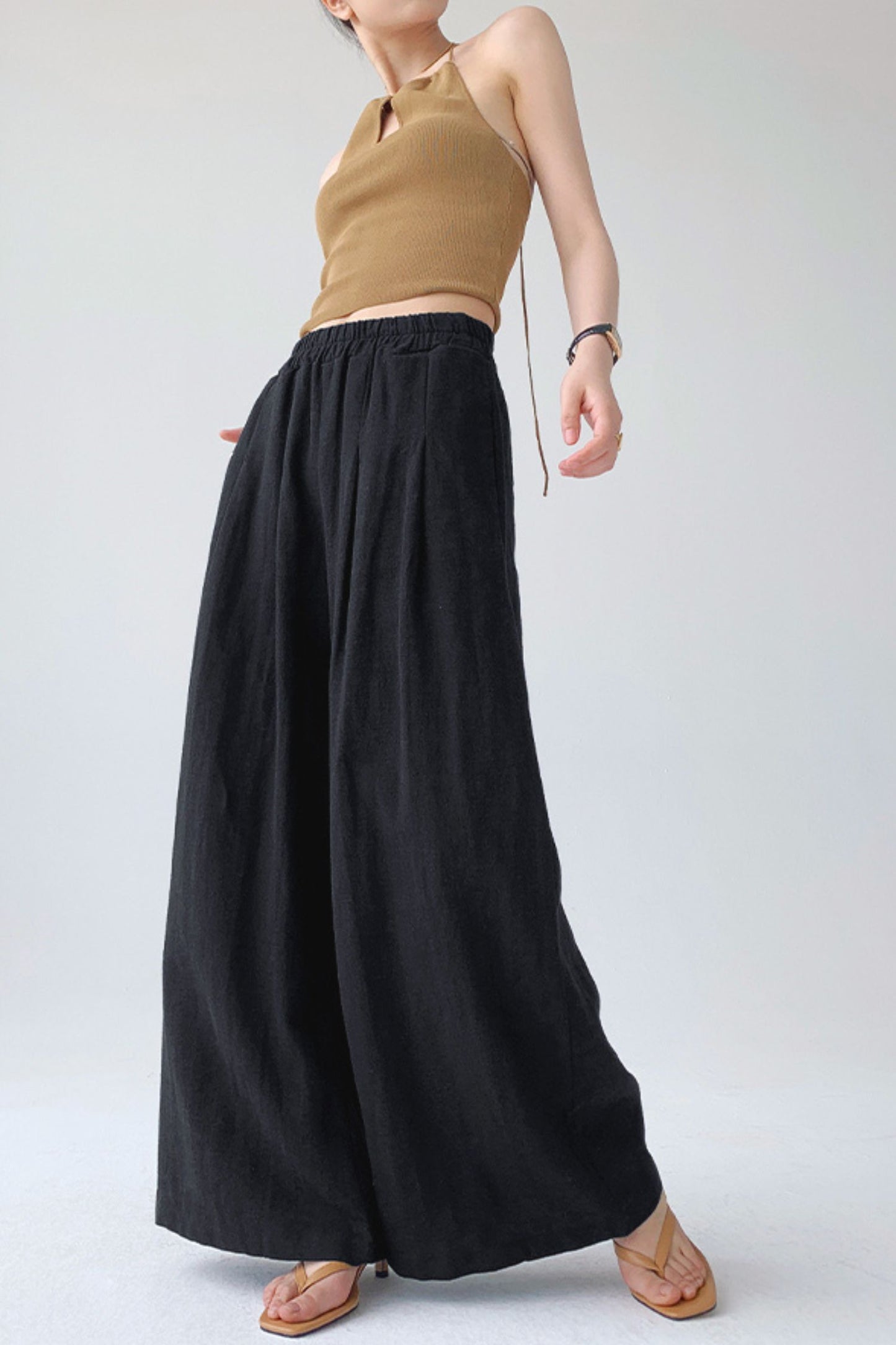 Elastic waist wide leg linen pants L0606