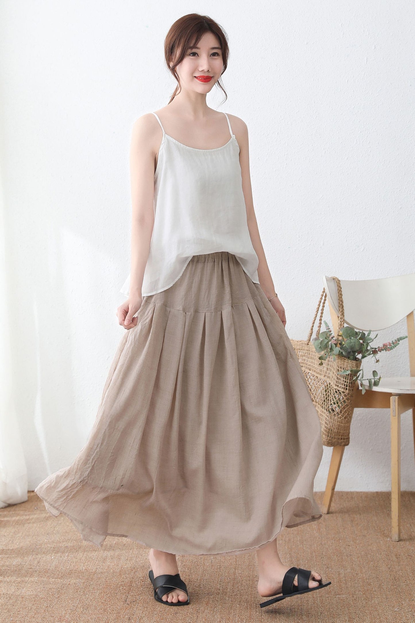 Women's White Cotton Linen Sleeveless Tops C2341