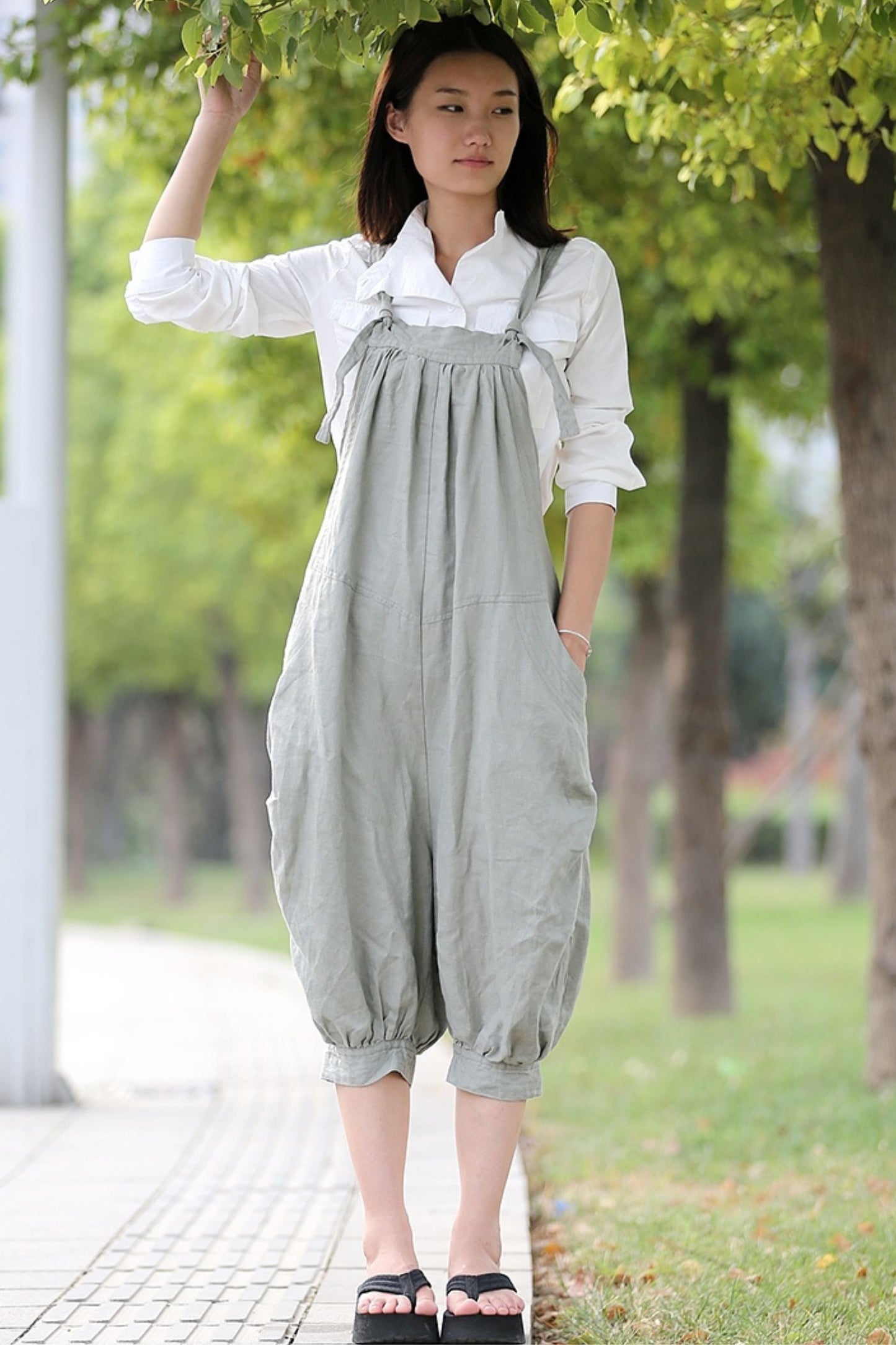 womens linen gray loose casual Wide leg jumpsuit C285