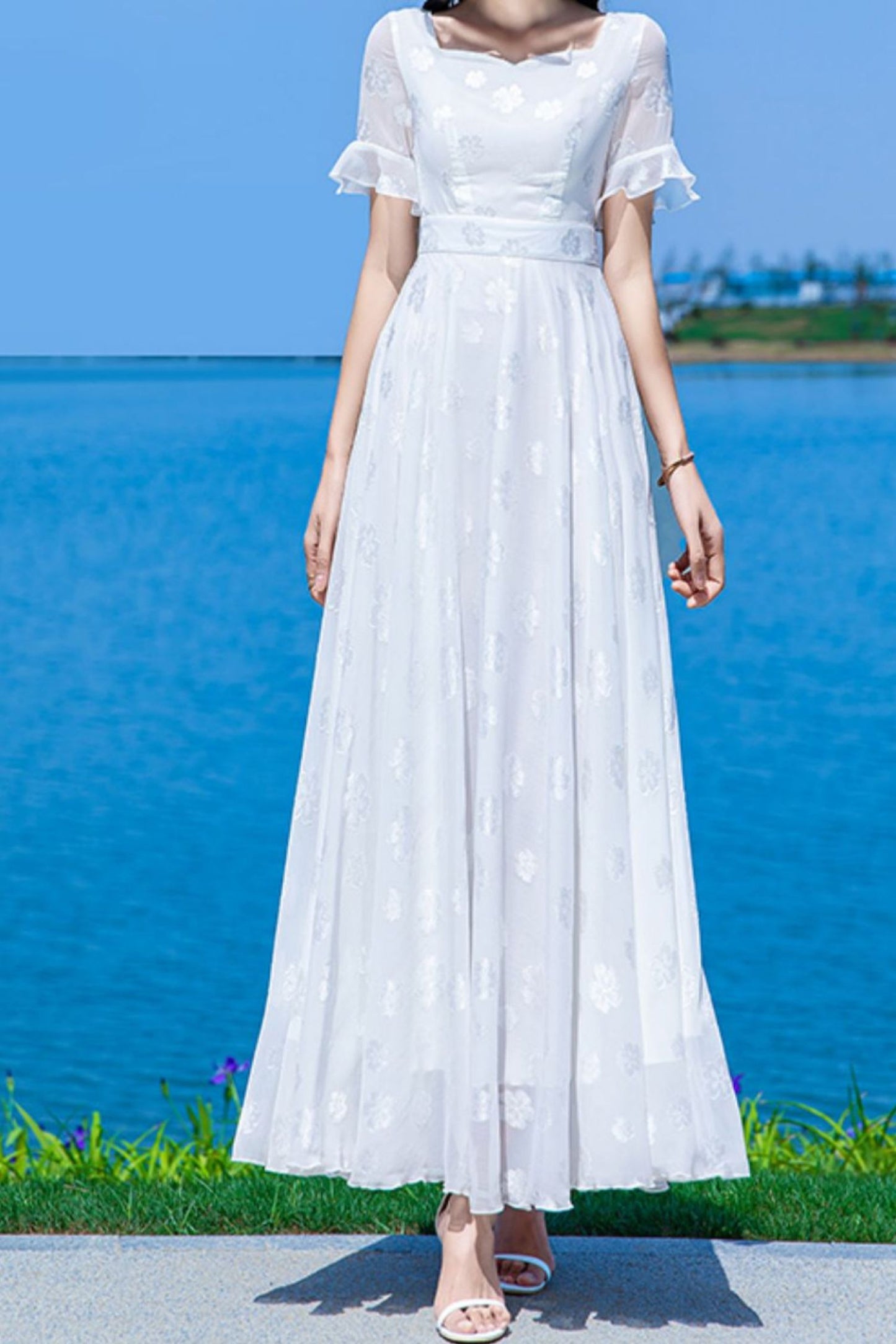 White women long chiffon big swing dress C3996