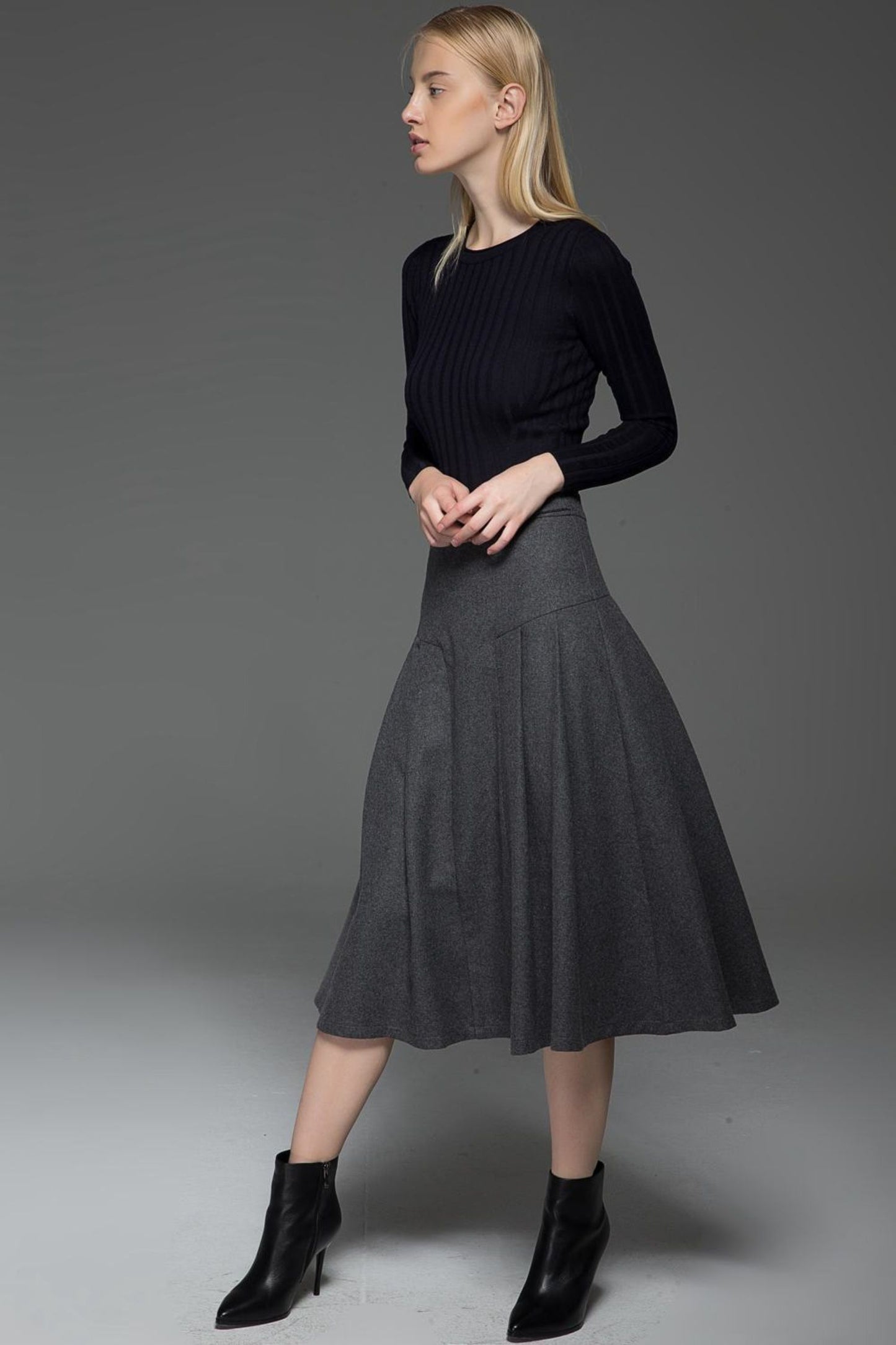 A line gray winter warm wool skirt C772