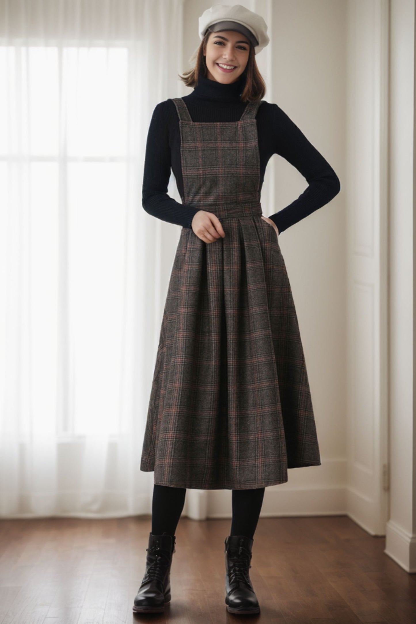 Plaid Wool Pinafore Pleated Winter dress C4271