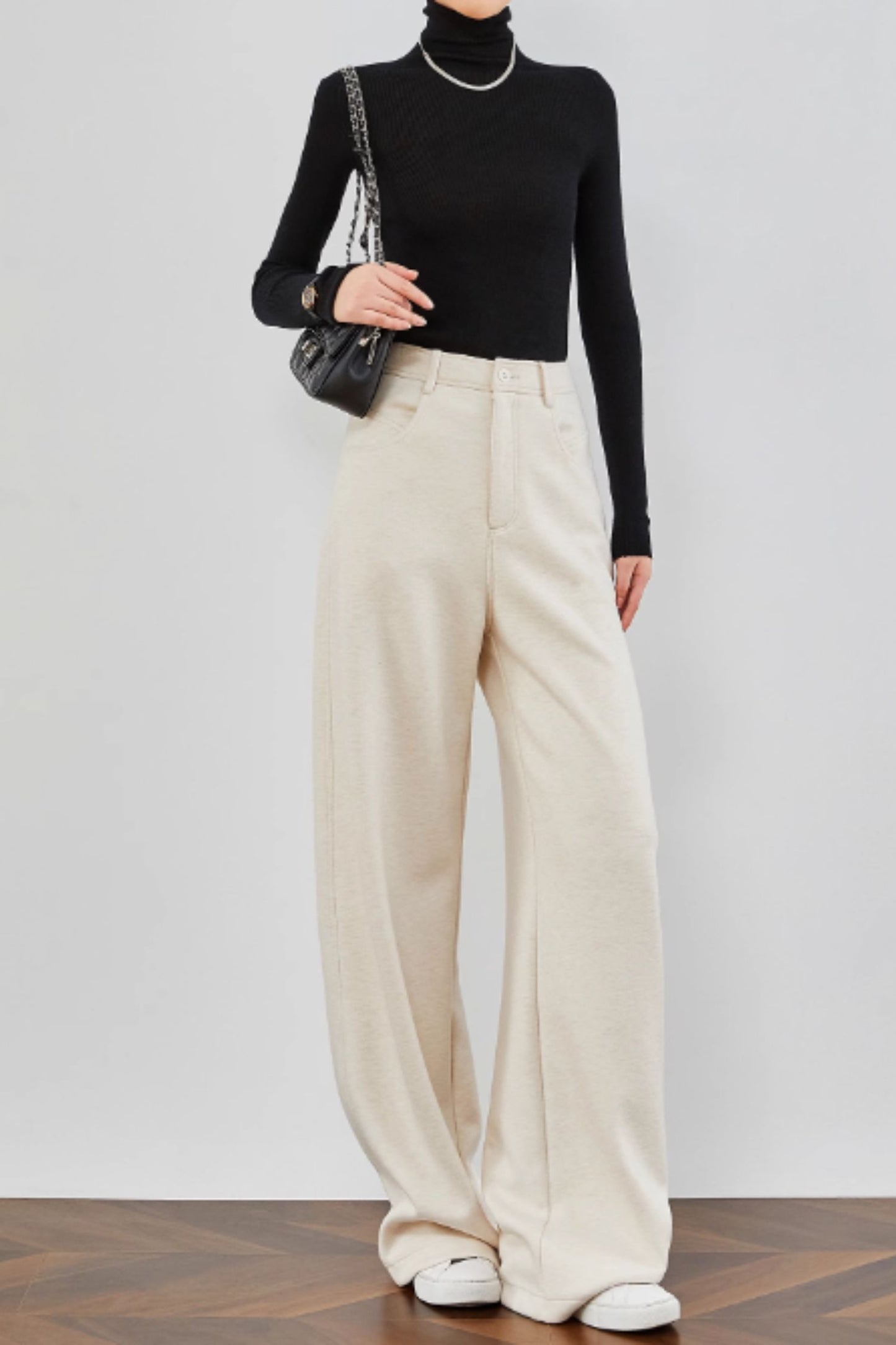 Wide leg beige long wool pants C4666