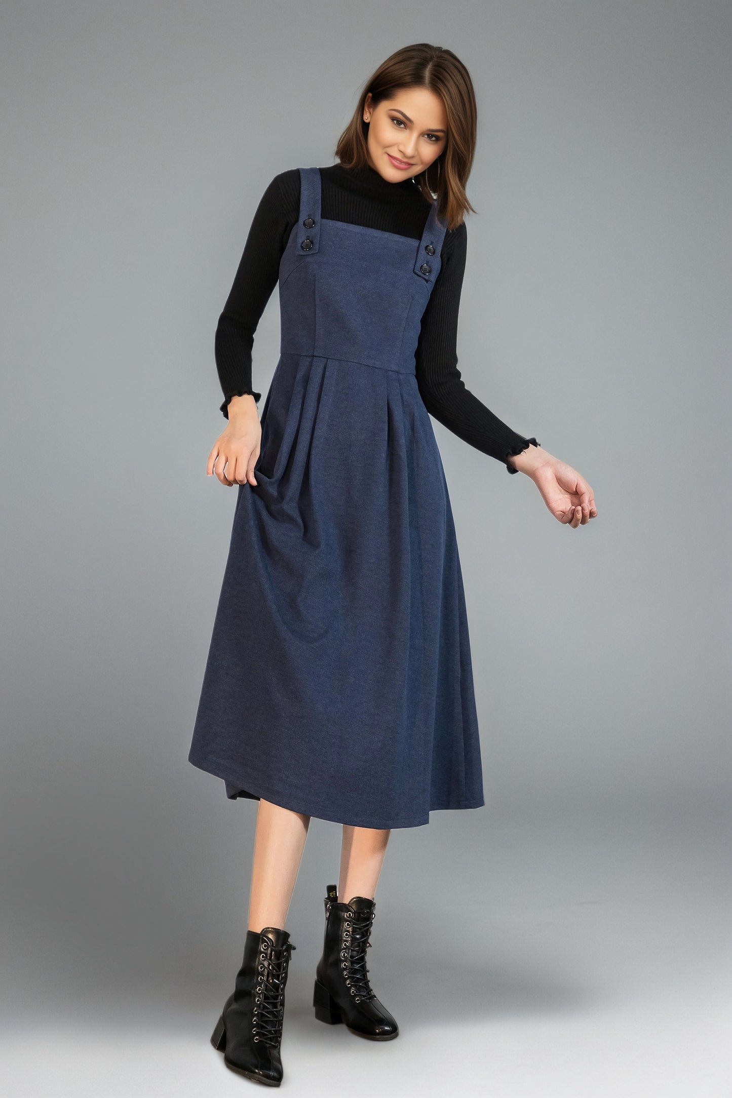 Blue Sleeveles Midi Wool Pinafore dress C5131