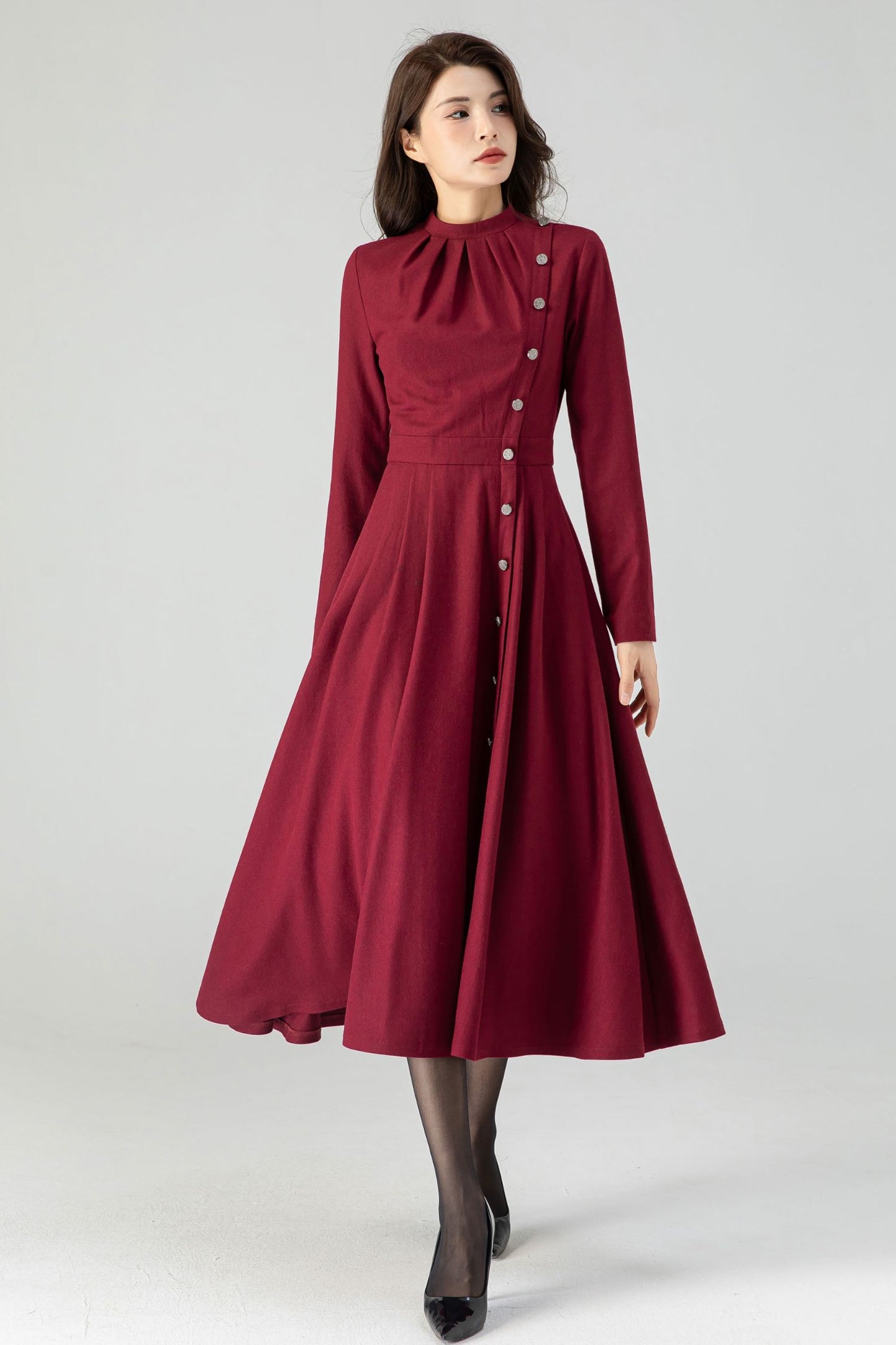Autumn Midi Wool Burgundy Dress C3609-Size XS US2 #CK2301031