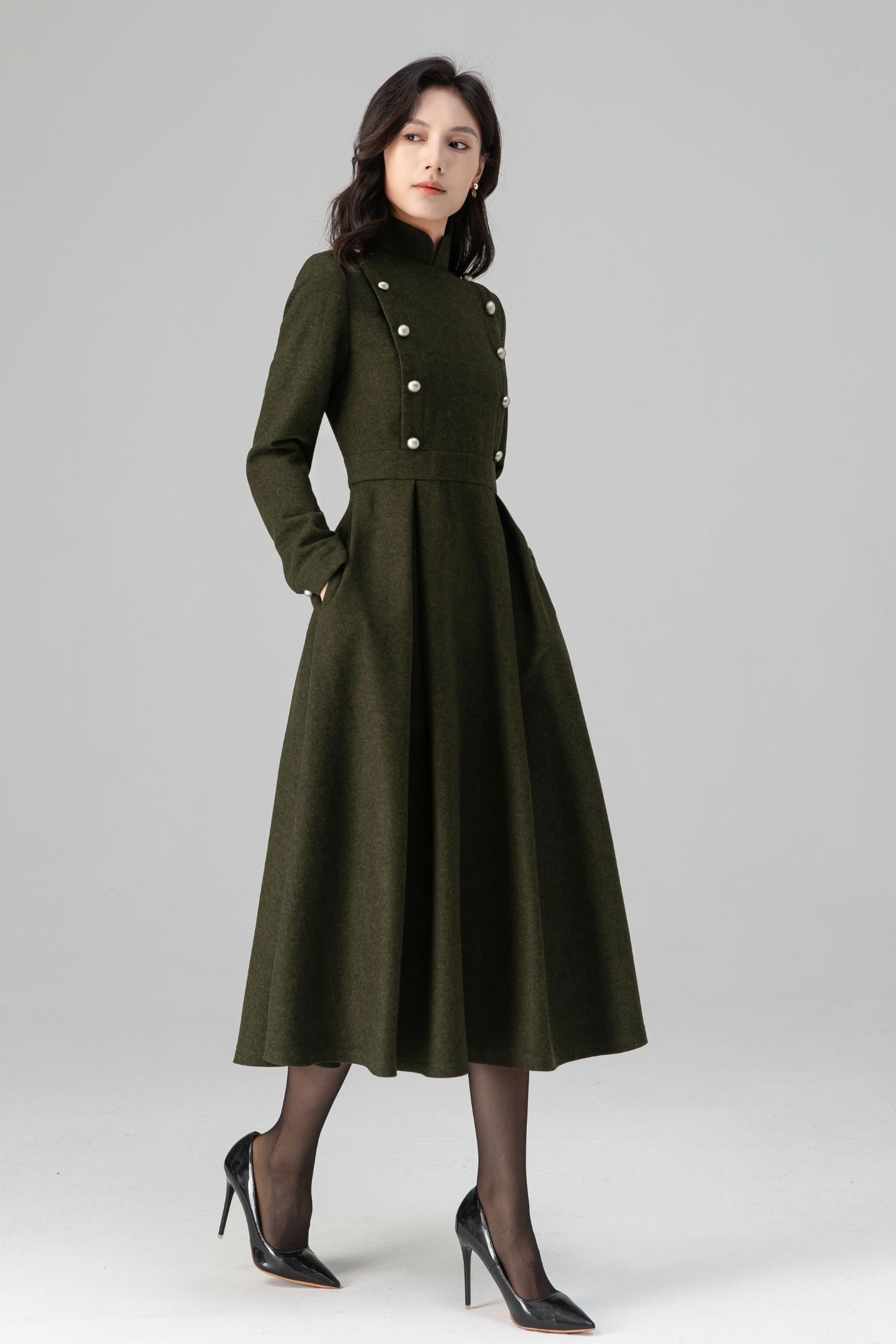 Military-Inspired Long Sleeve Wool Dress C5195