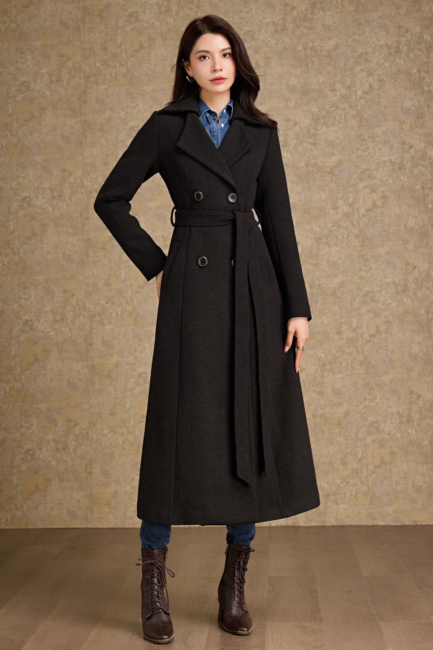 Winter warm brown Long Wool Coat C4479