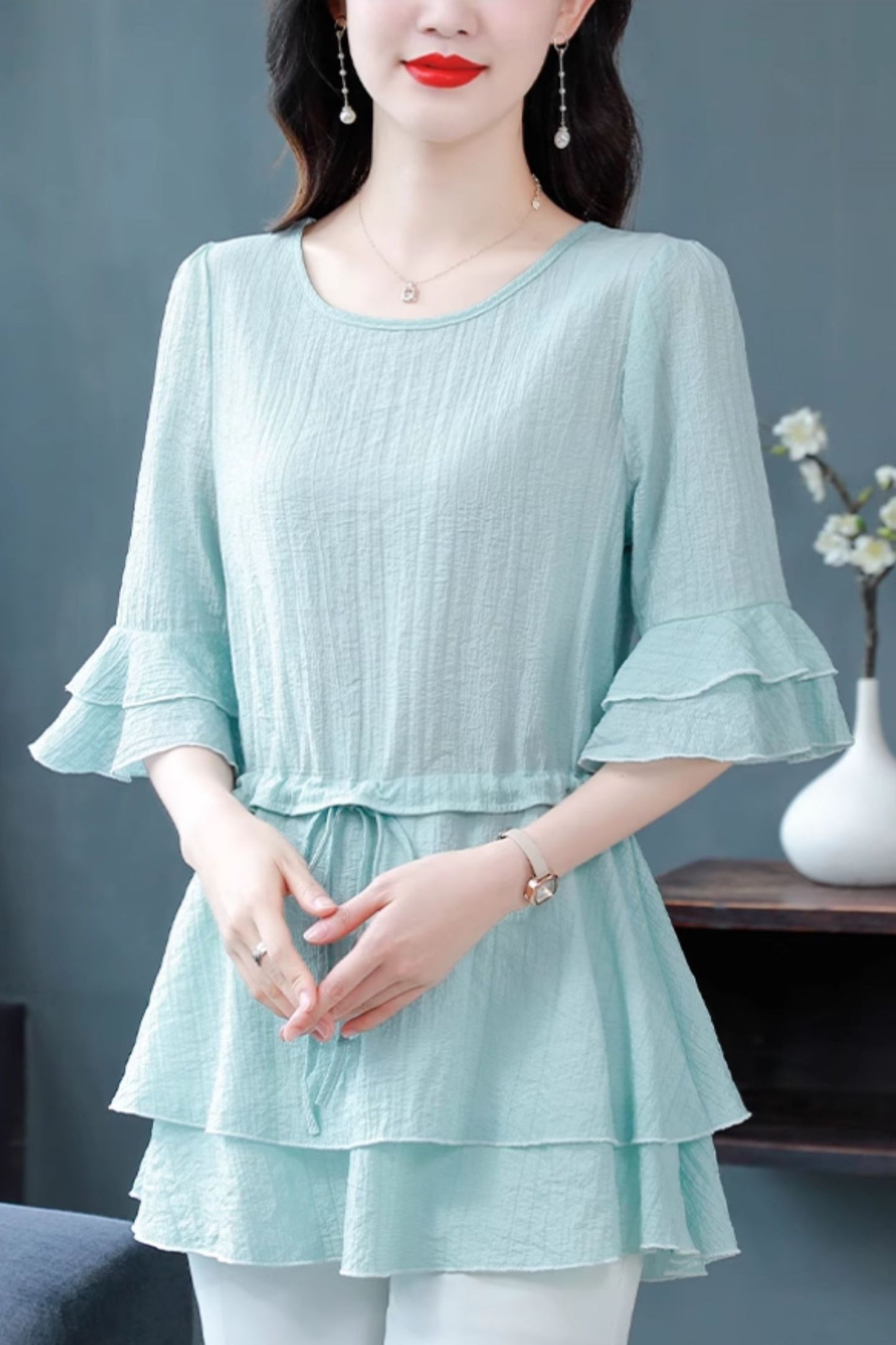 Summer chiffon blouse with drawstring waist C5057