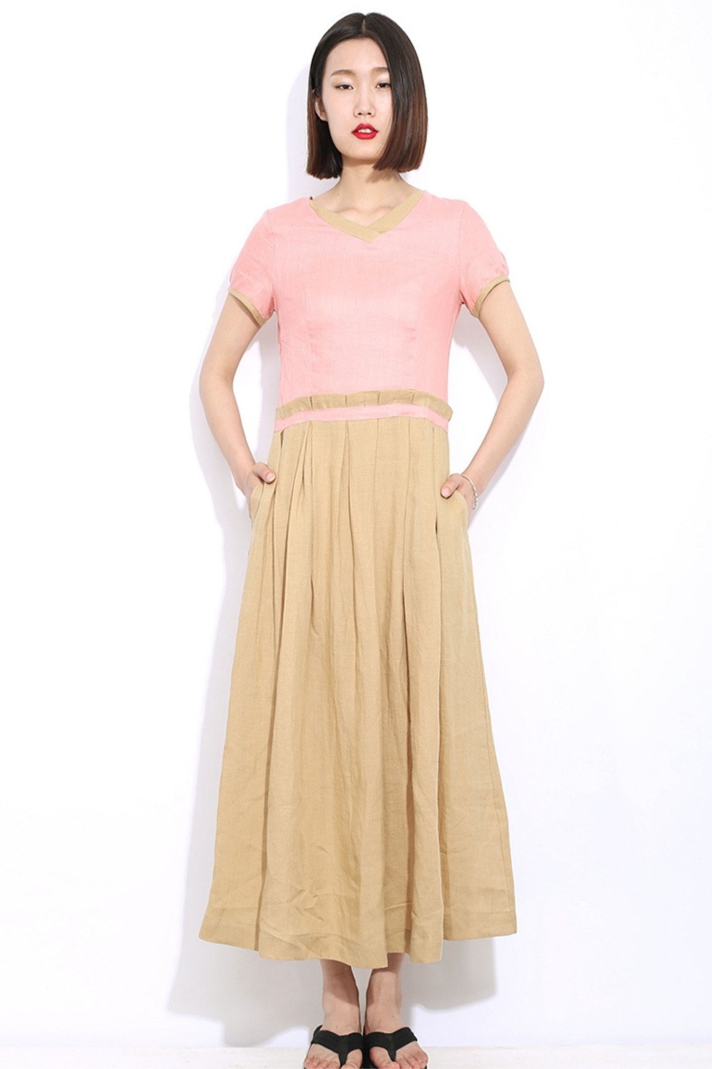 Long patchwork linen dress C296