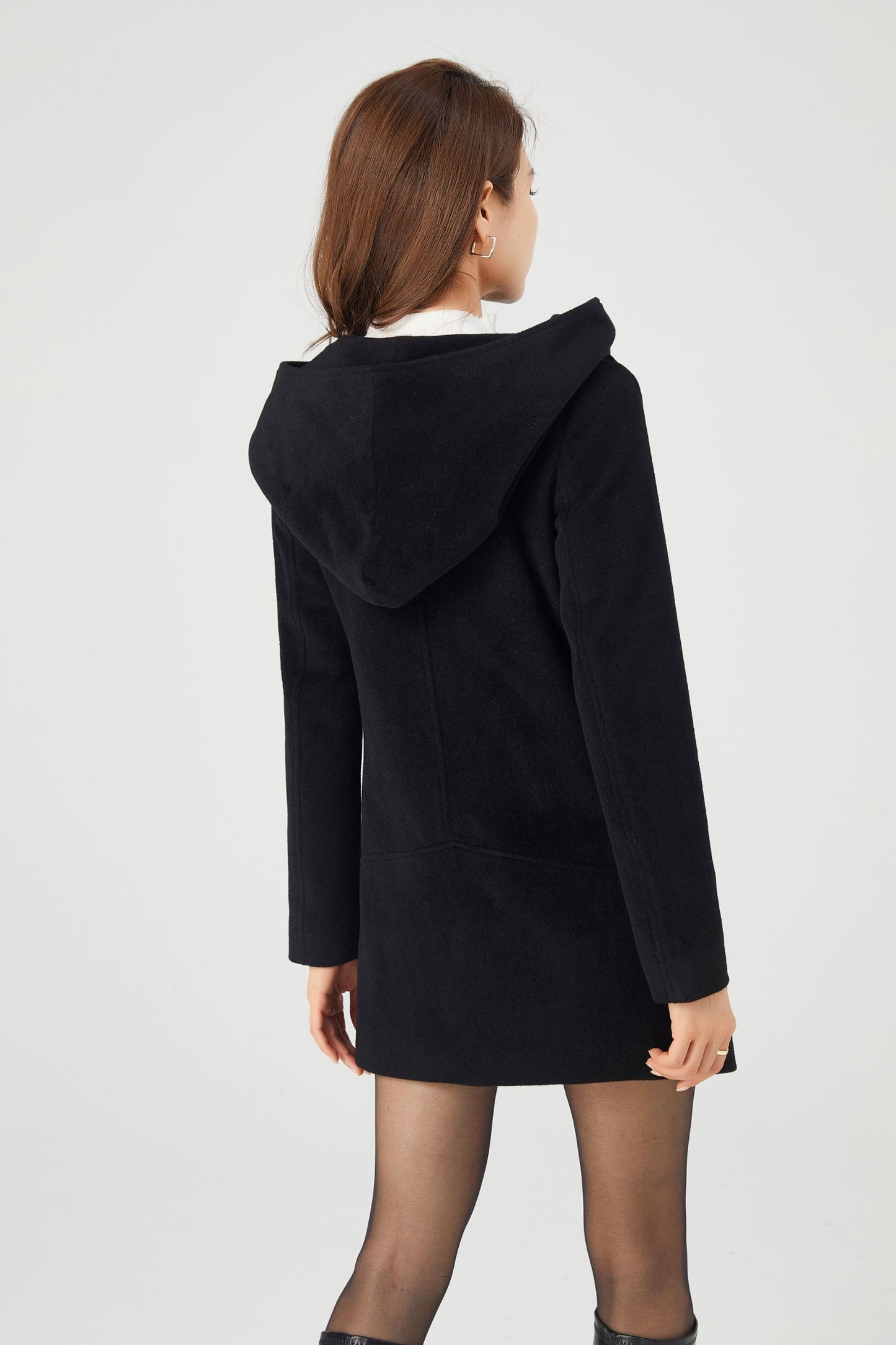 Black Hooded Asymmetrical Wool Coat C4323