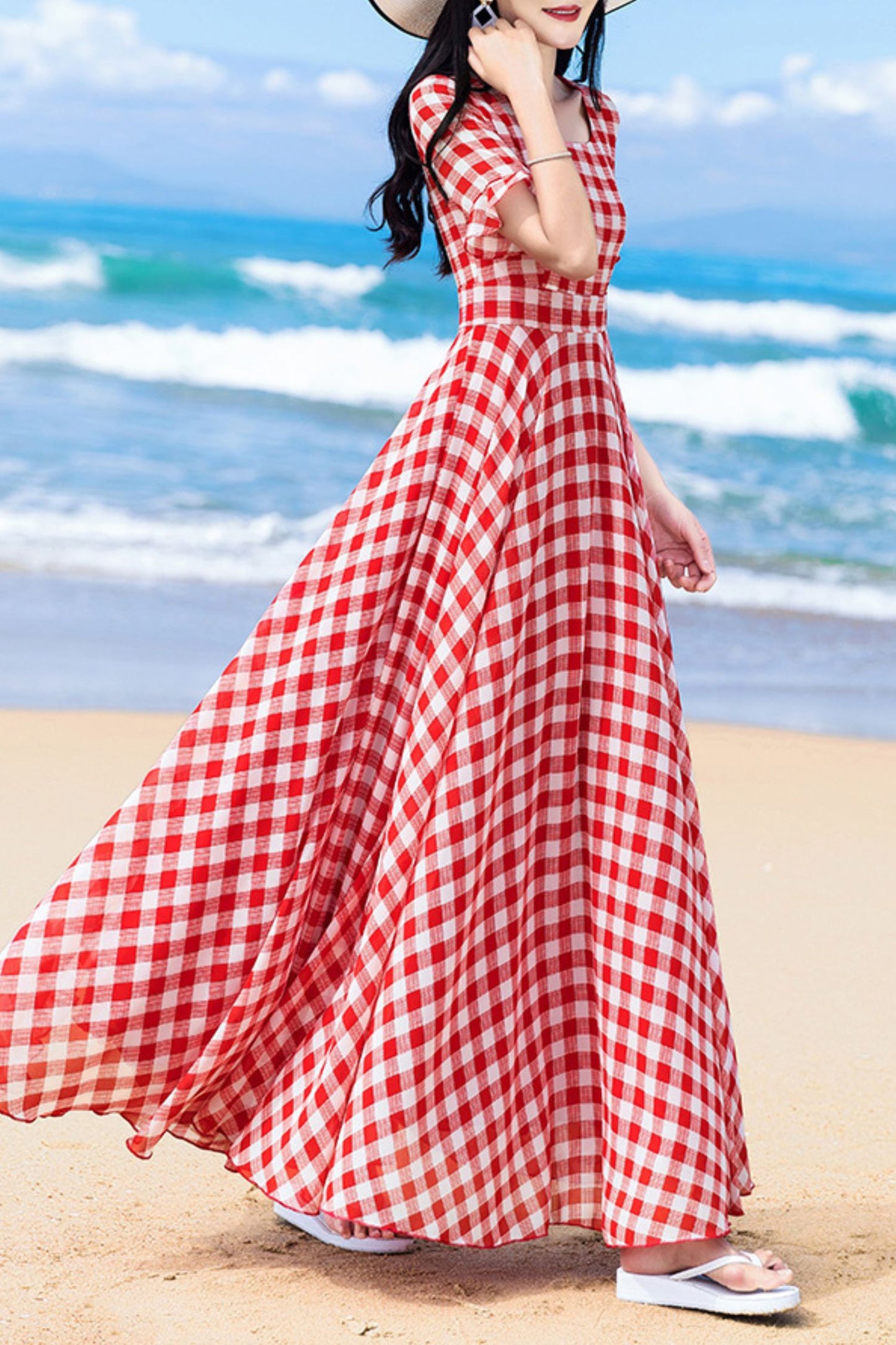 Chiffon Women Red Plaid Short Sleeve dress C4050