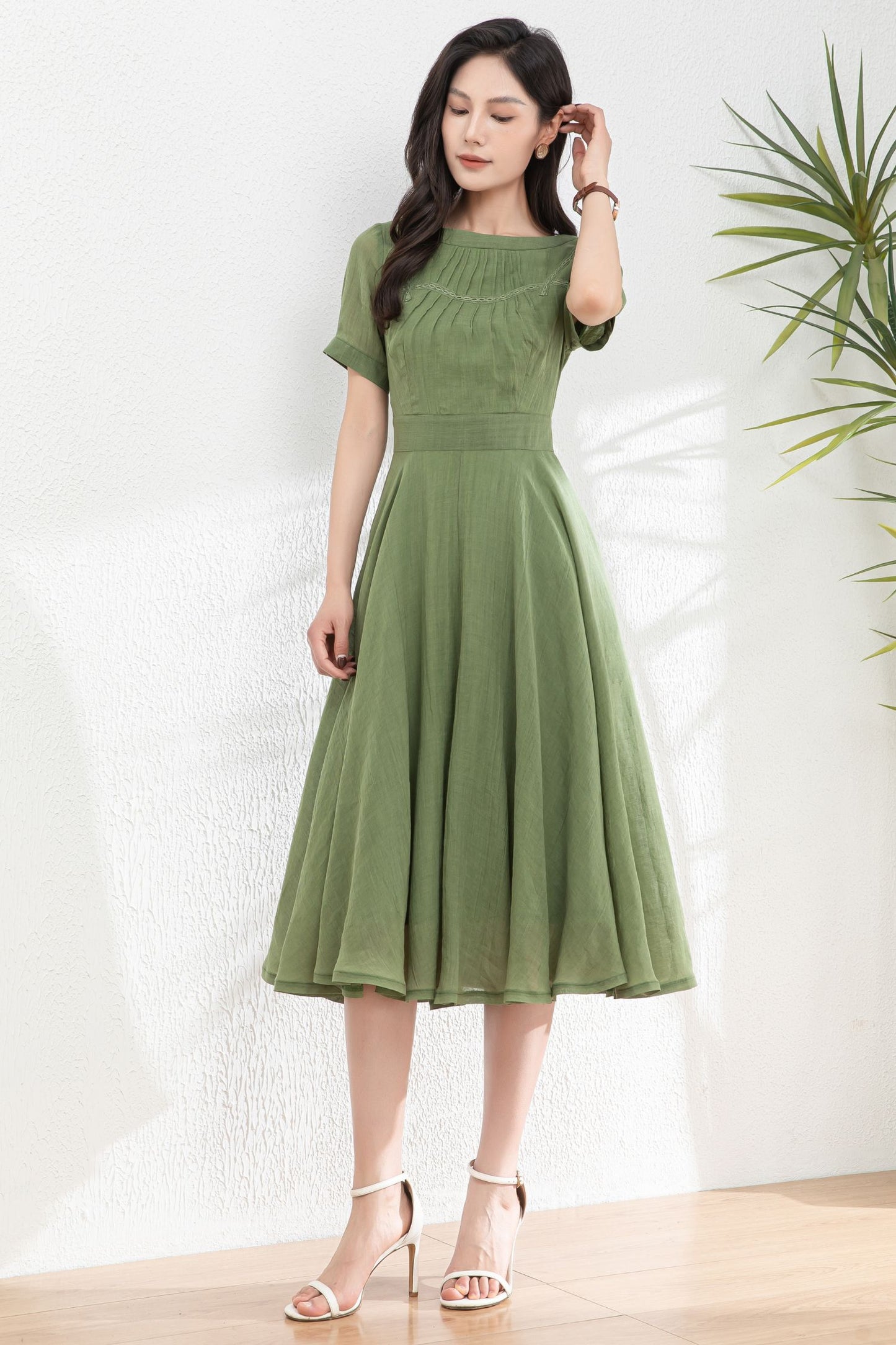 Green Women's swing Linen dress c4982