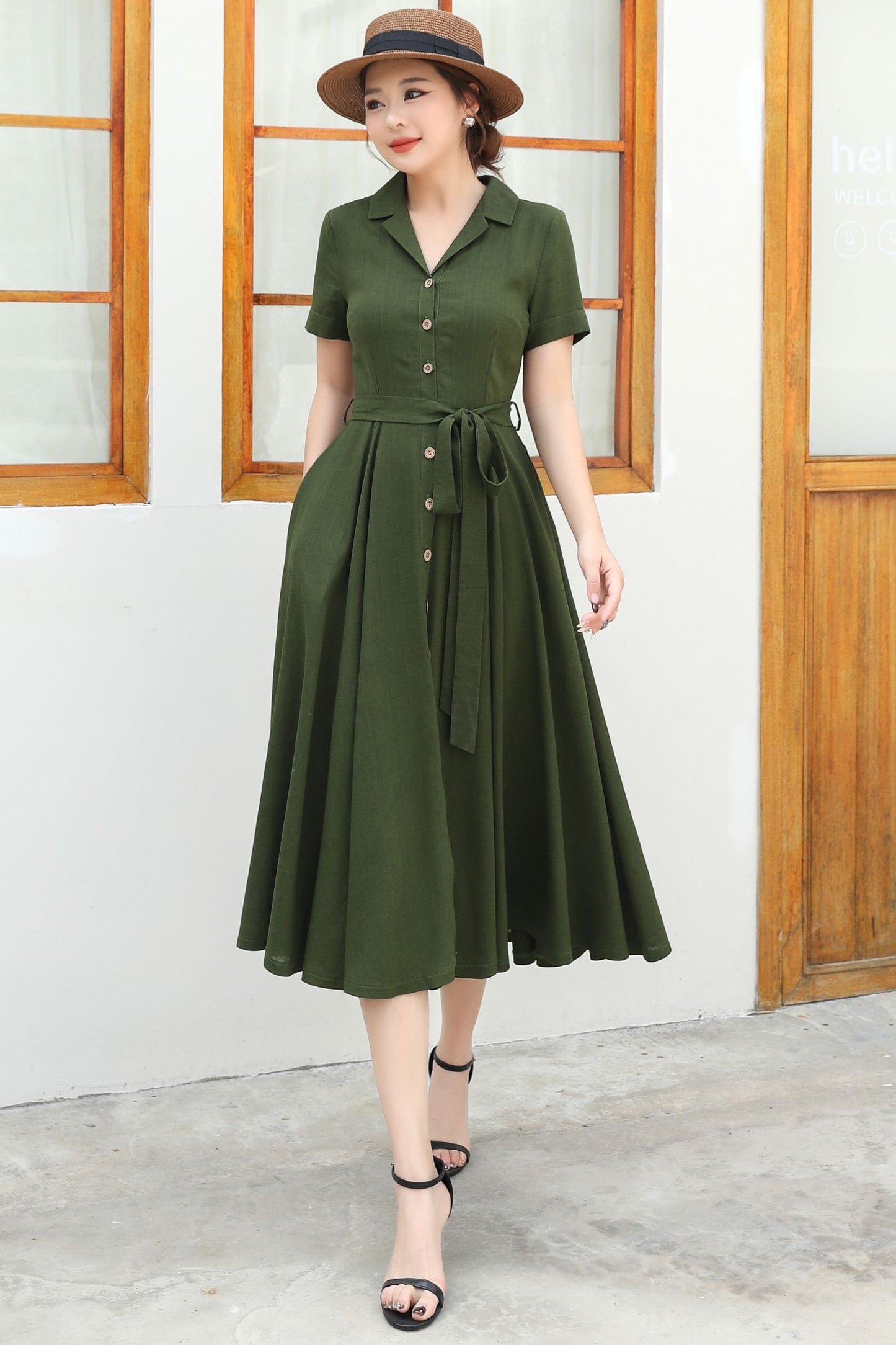 Green Linen Summer Shirt dress c4833