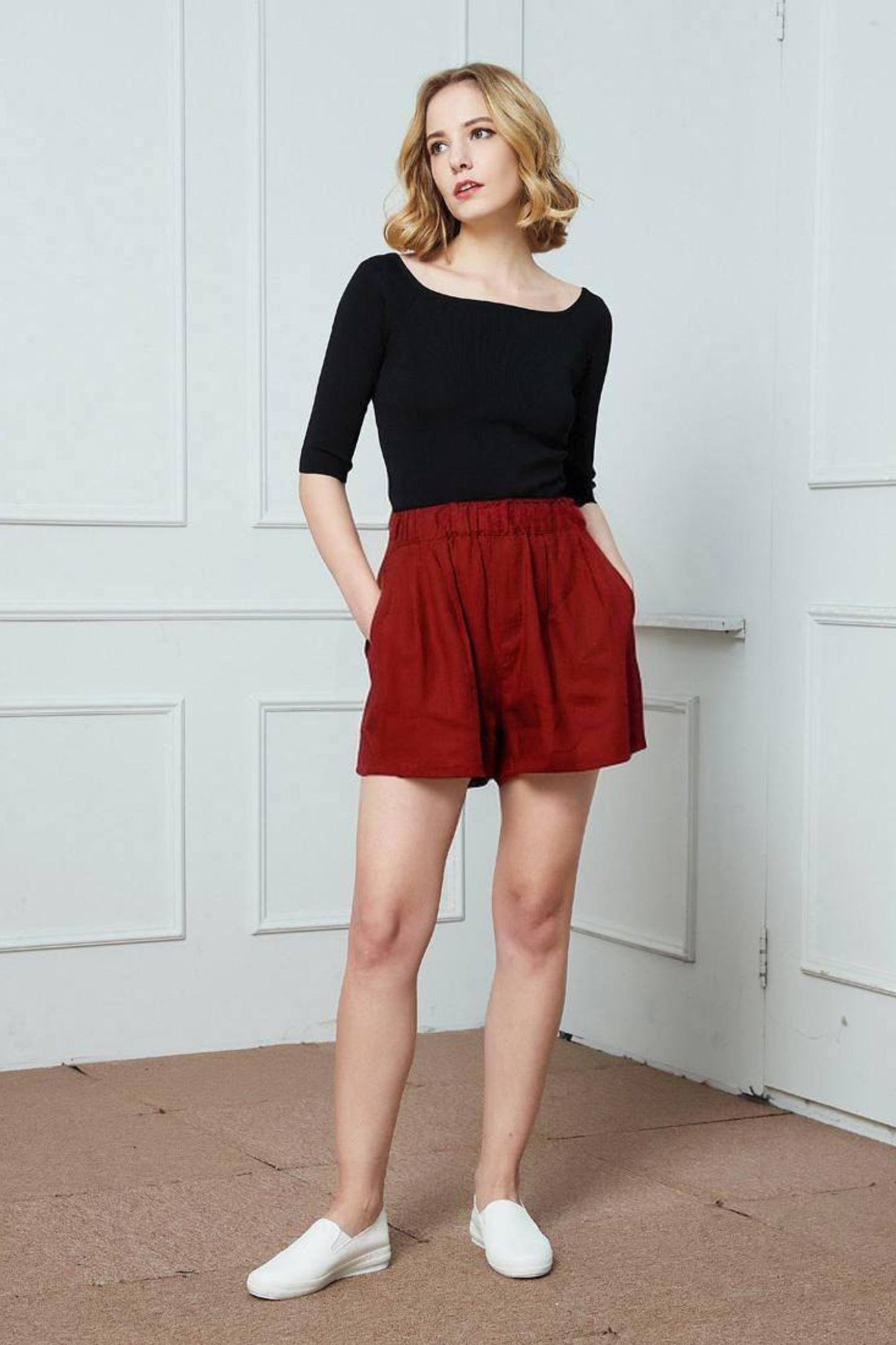 Women's Elastic waist summer linen short C4304