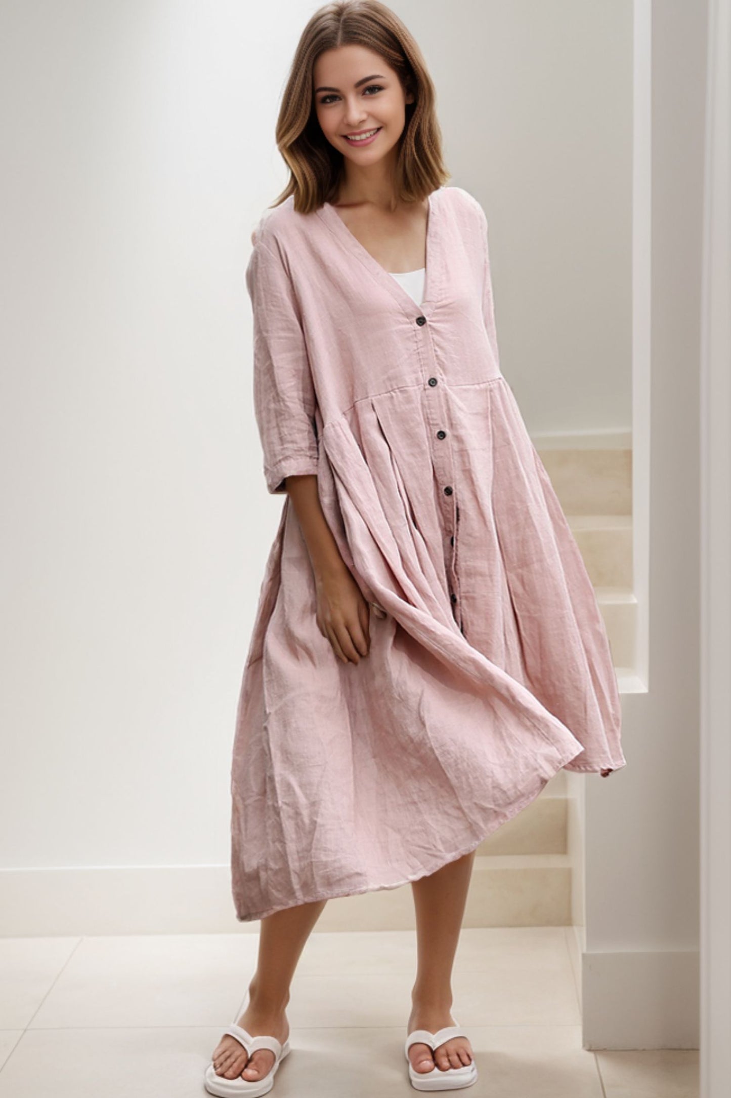 Casual Linen Loose-Fitting Pleated Shirt Dress C276