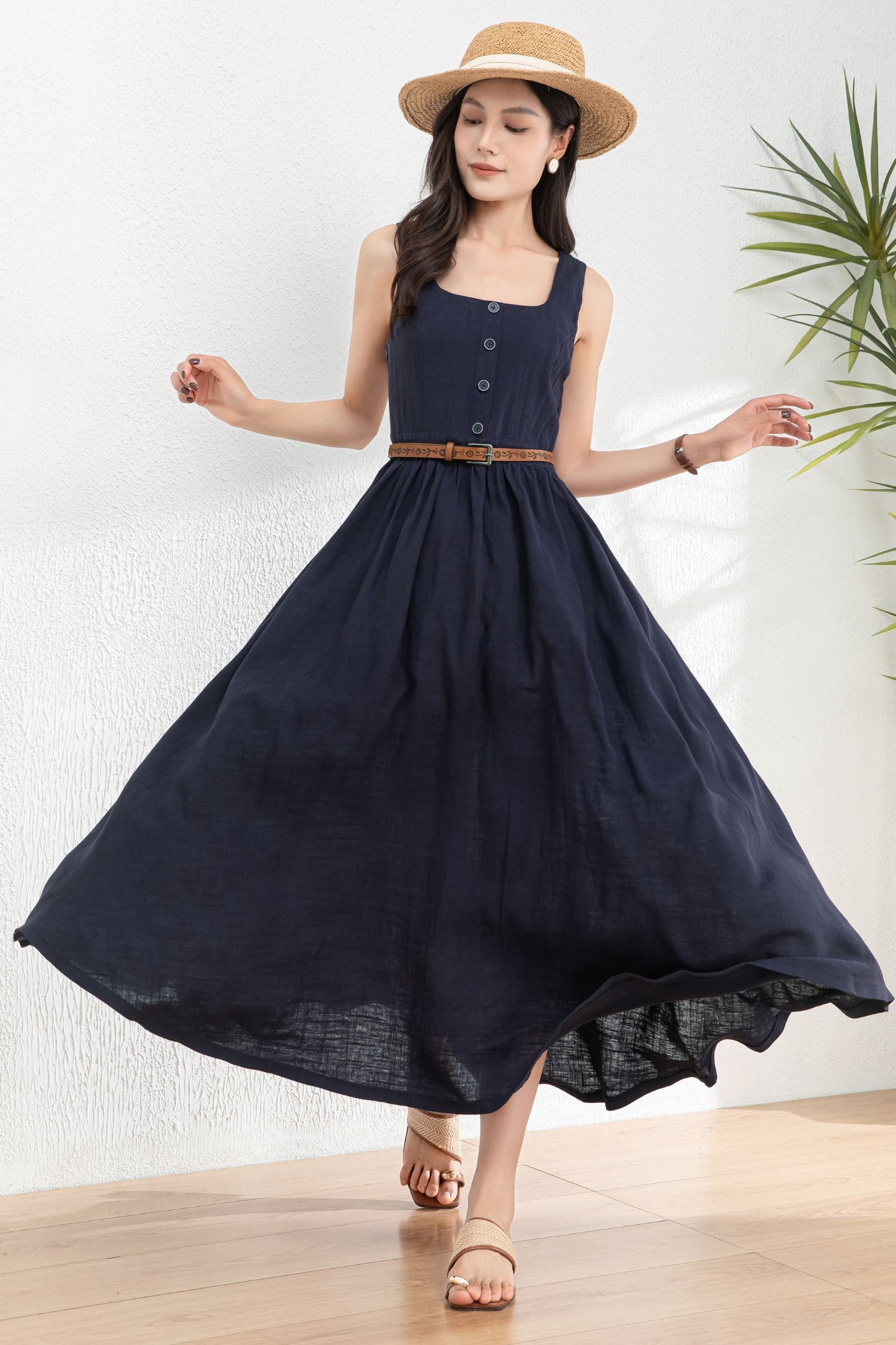 Square Neck Button Maxi Dress for Women c4984