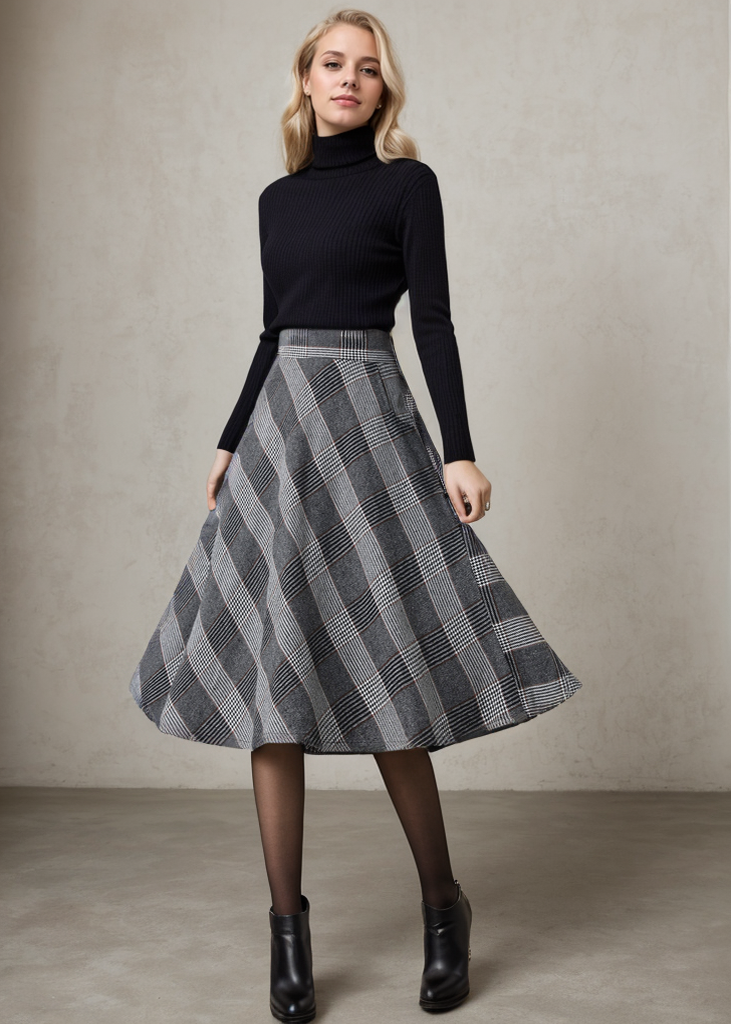 Women A-Line Midi Plaid High Waist Skirt C4354