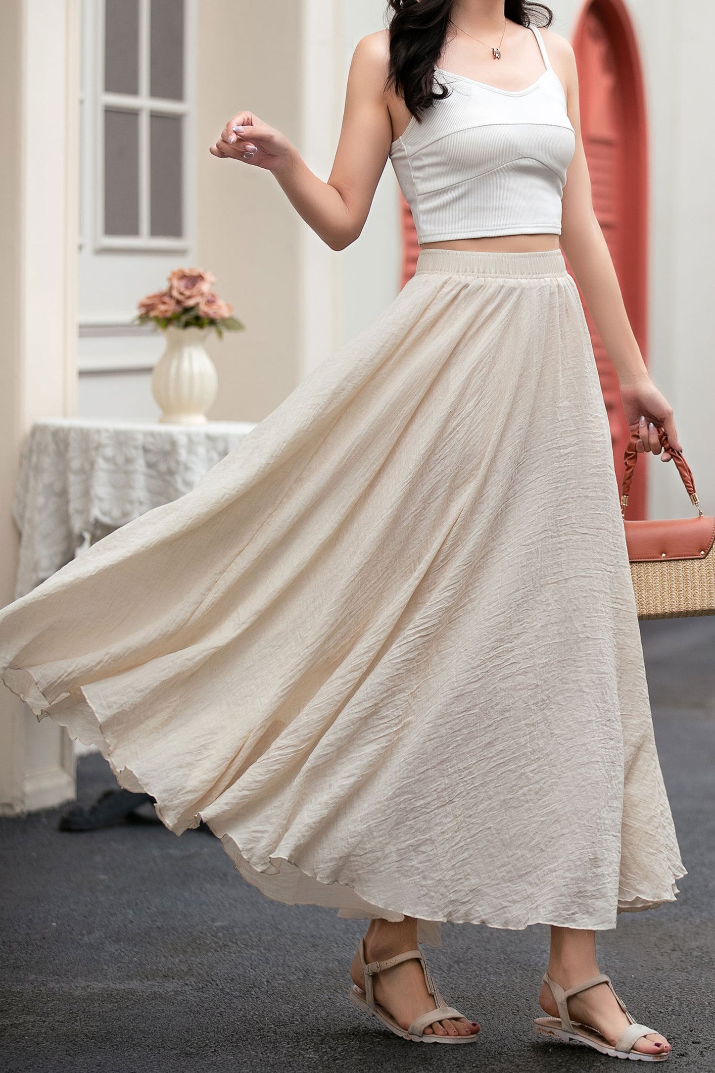 A line beige long linen skirt women C5033