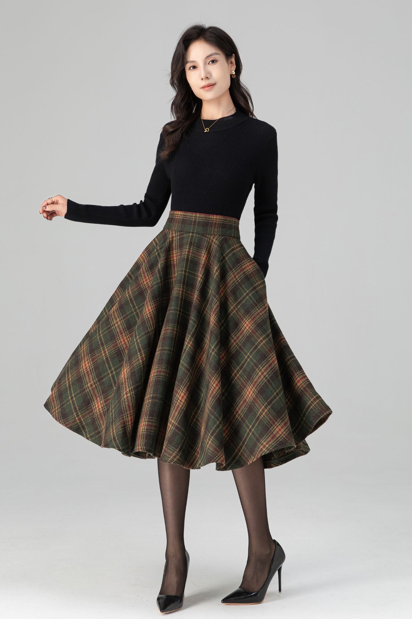Swing Retro Tartan Midi Plaid Wool Skirt C5197