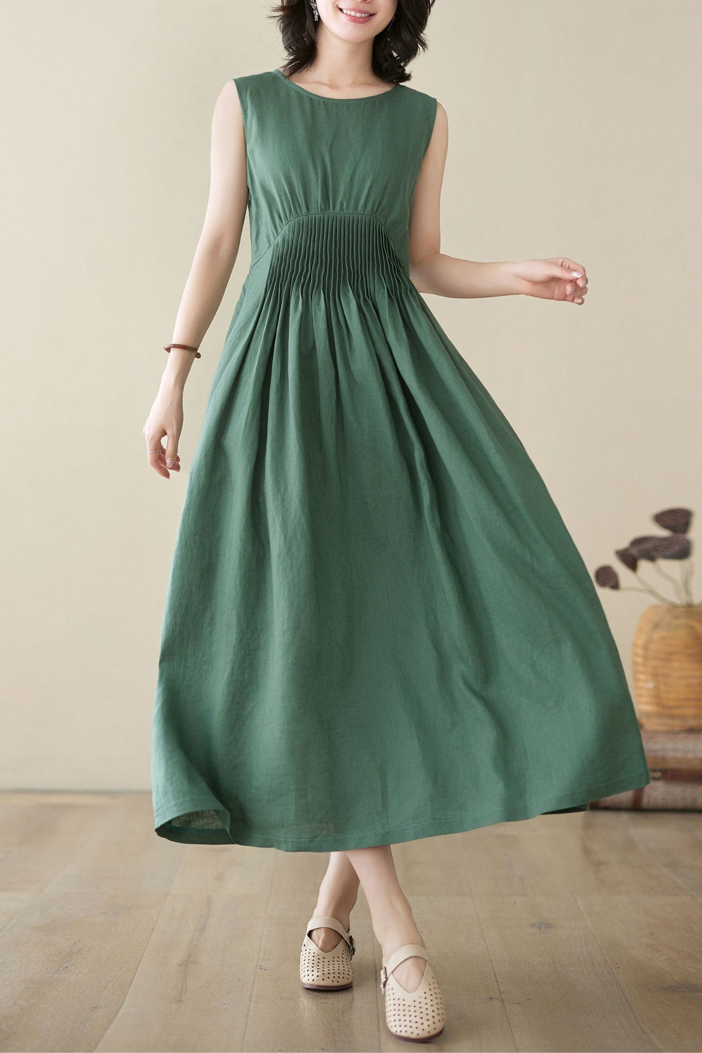 Sleeveless Green maxi linen dress C3952 - Size M(US8) #CK2400228
