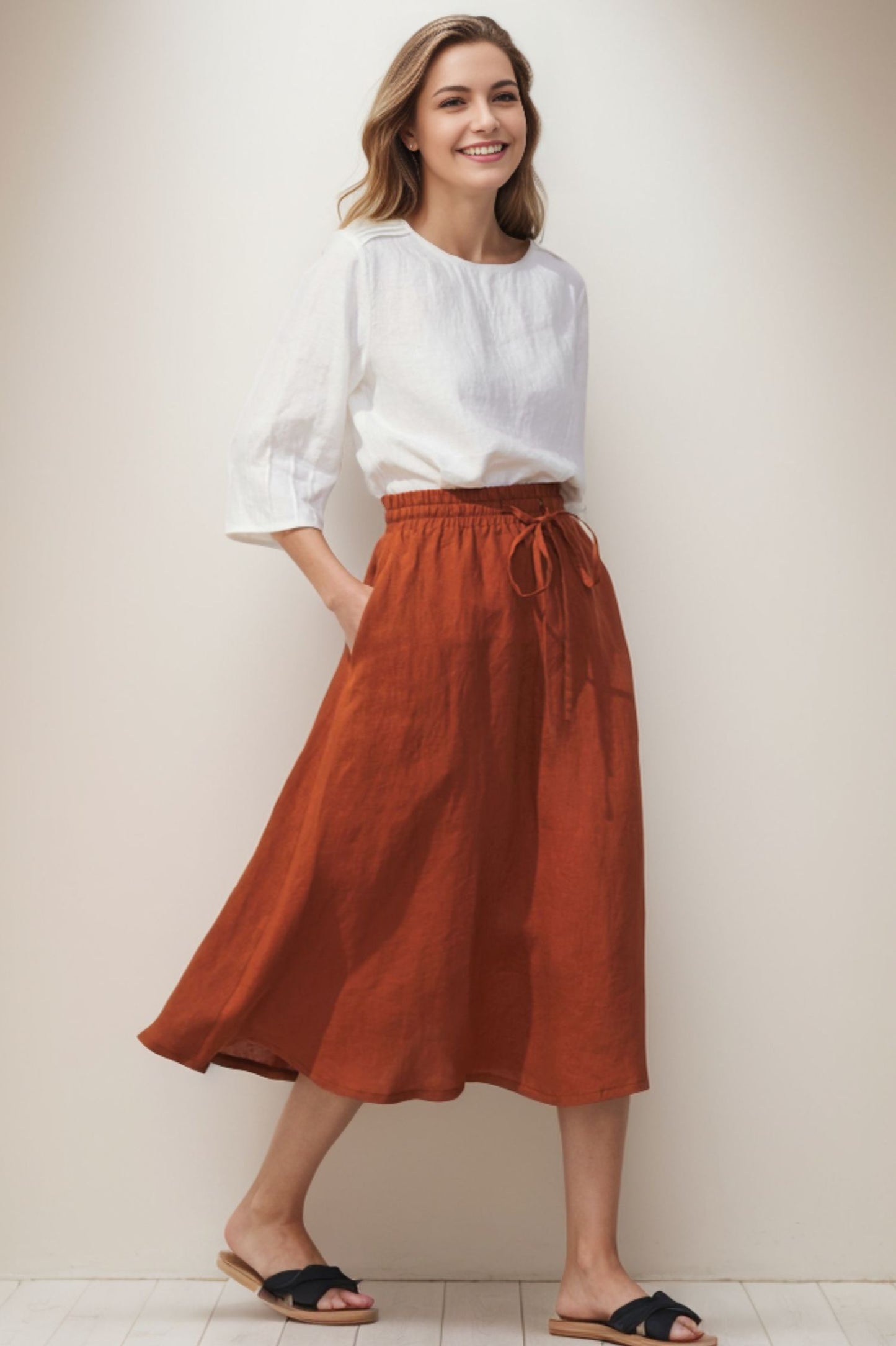Elegant Orange Elastic Waist Skirt C4135