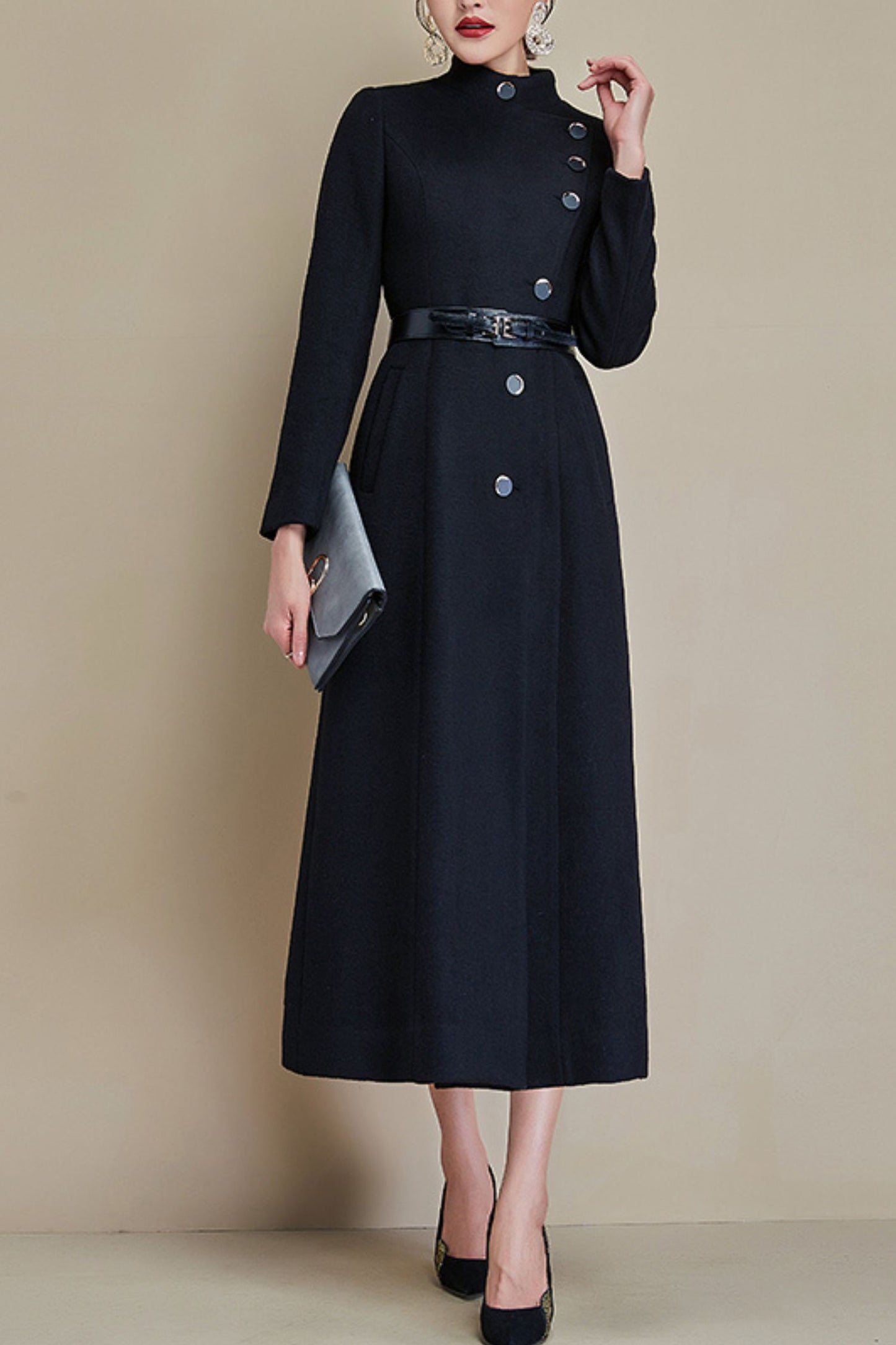 Women's Autumn and winter black wool coat C4285