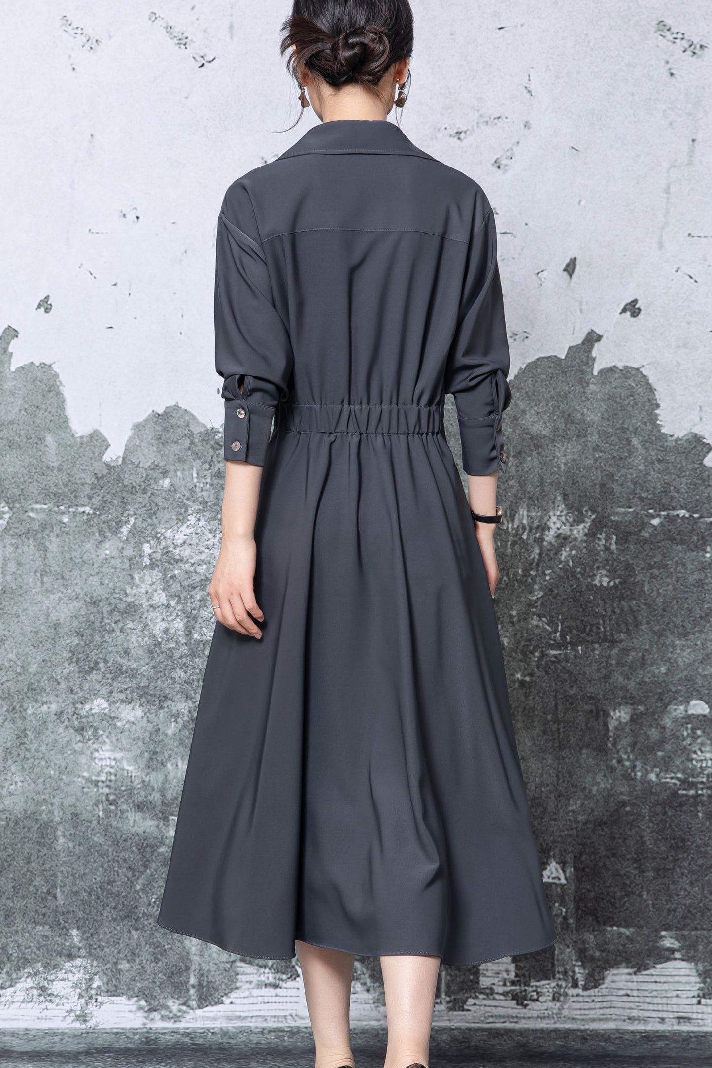 Gray Polyester Shirt Midi Dress - Pleated Flared Skirt c5471