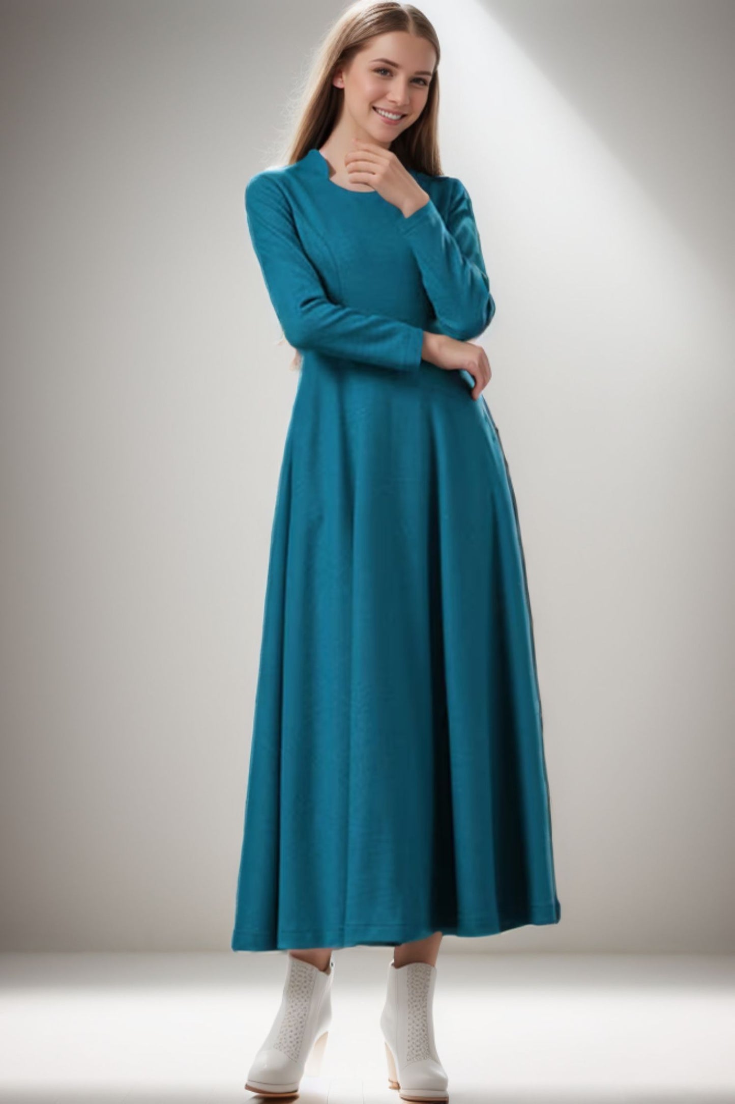 Womens Long sleeve winter wool blue A Line dress C4268