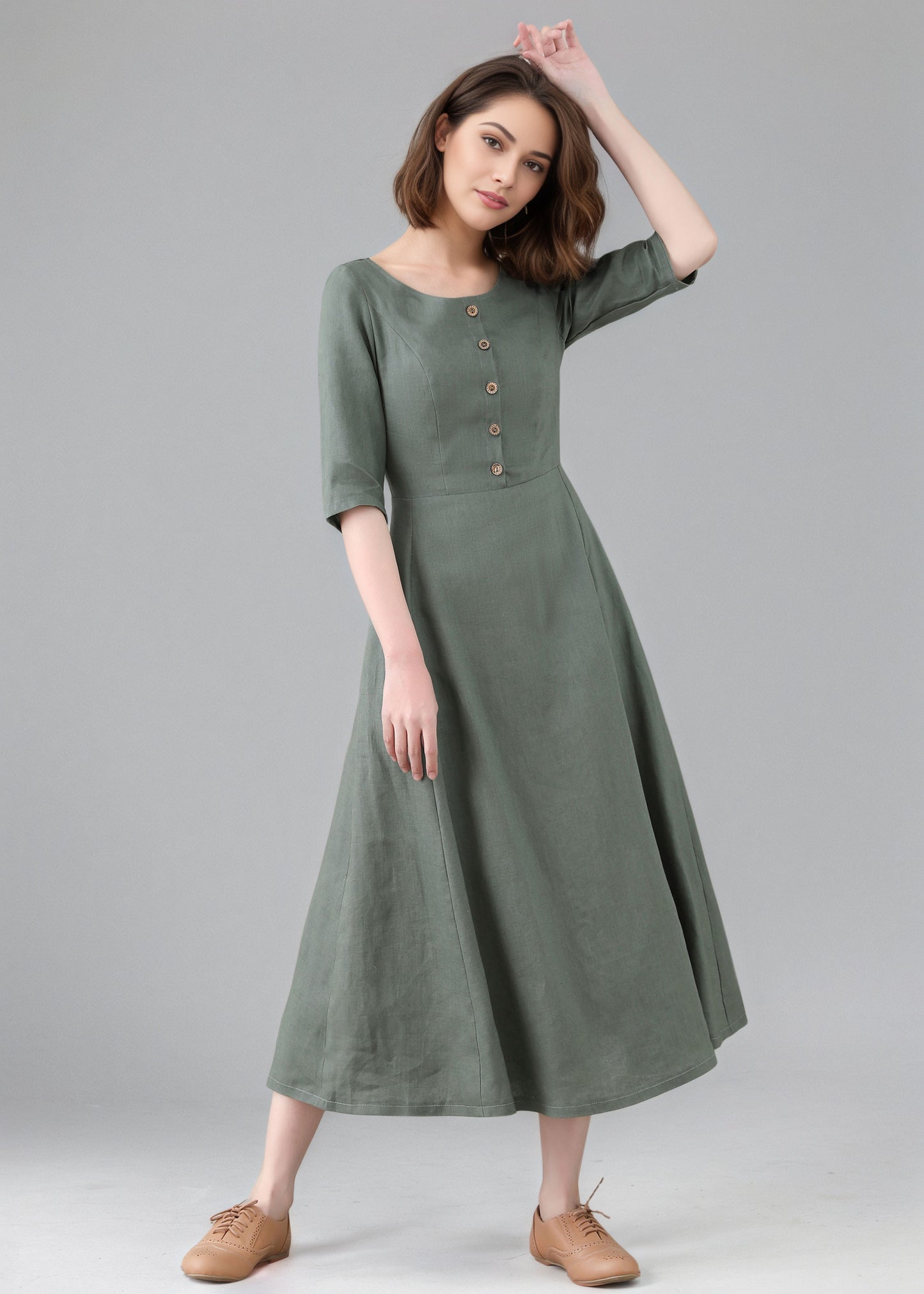 Fit and Flare Long Button Front Dress with Half Sleeves C5159