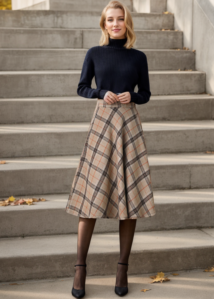 1950s Inspired Midi Wool Plaid Skirt C4356