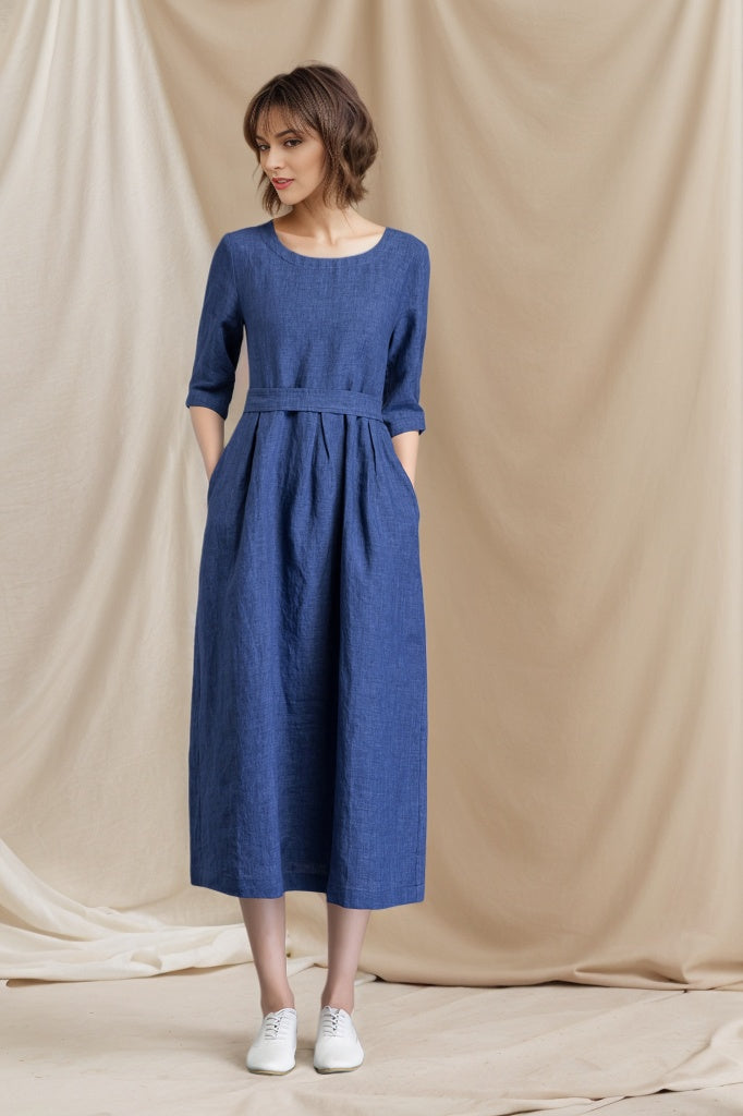 Handmade fashion blue casual linen dress C4801