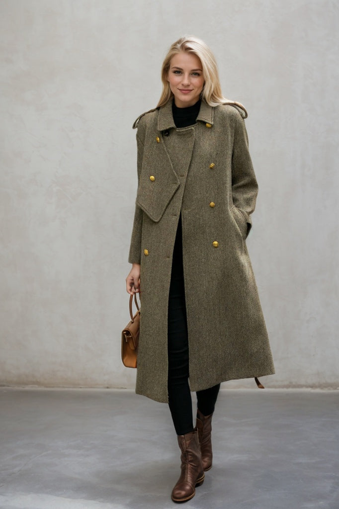 Asymmetrical double breasted long trench wool coat C4498