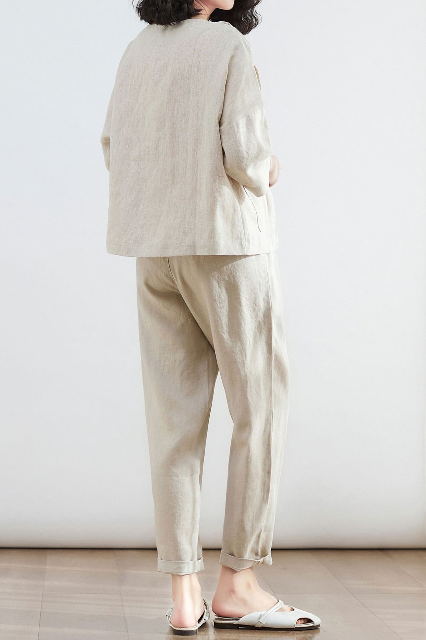 Beige Linen Womens Plus Size Pants with Pockets C2873