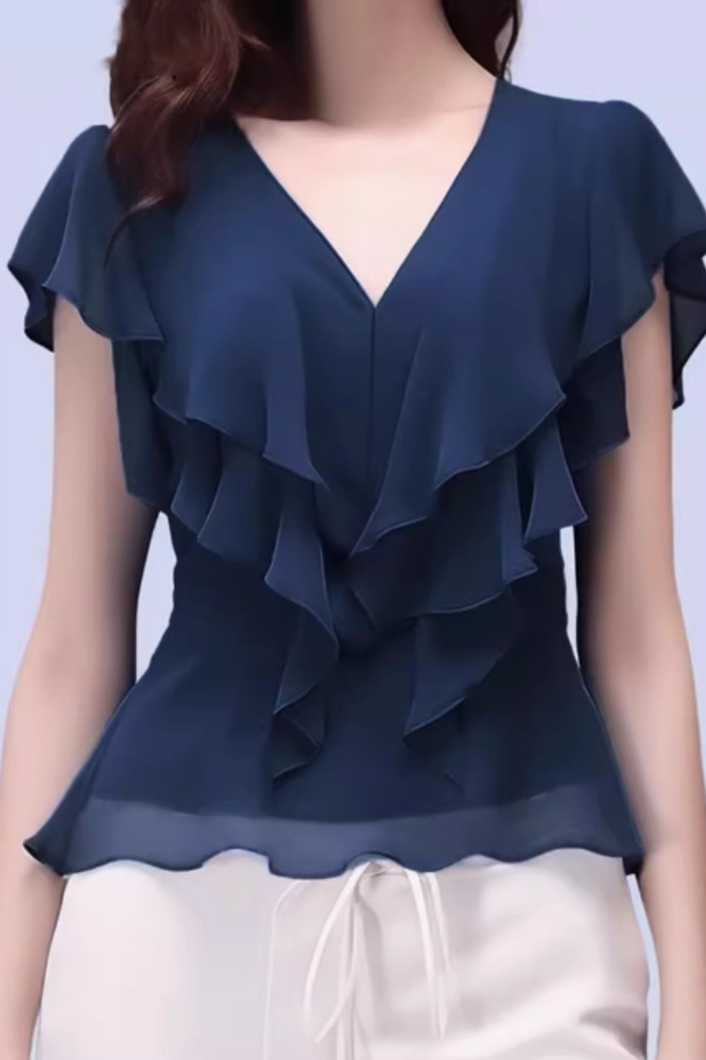 V neck ruffle summer chiffon blouse C5056