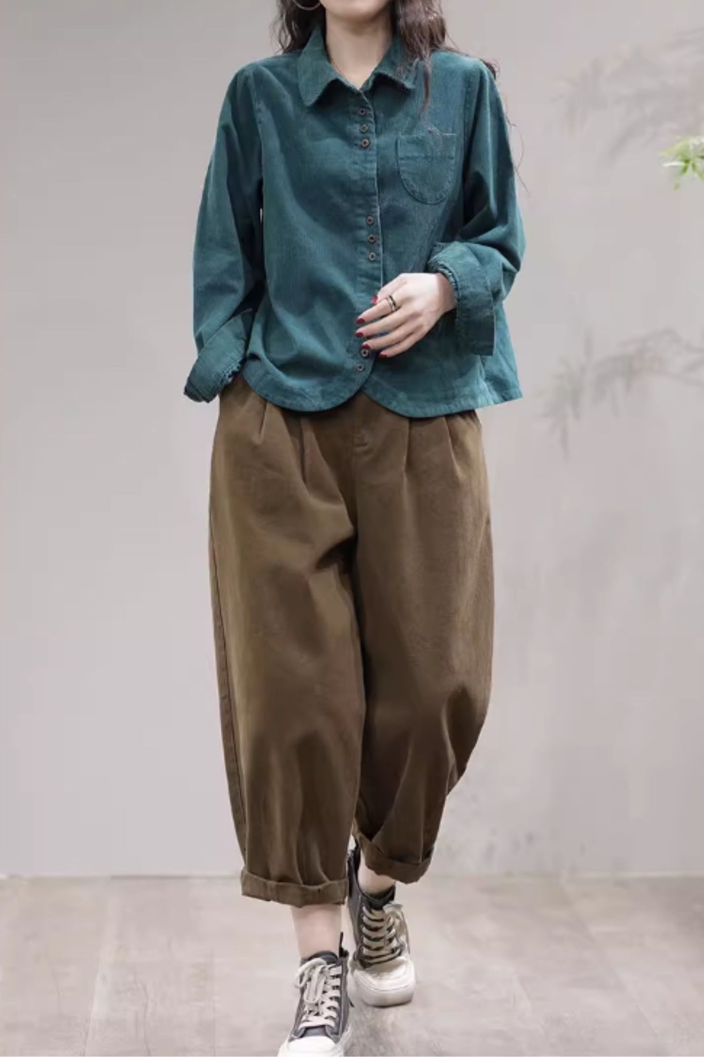 Brown elastic waist cotton pants C4667