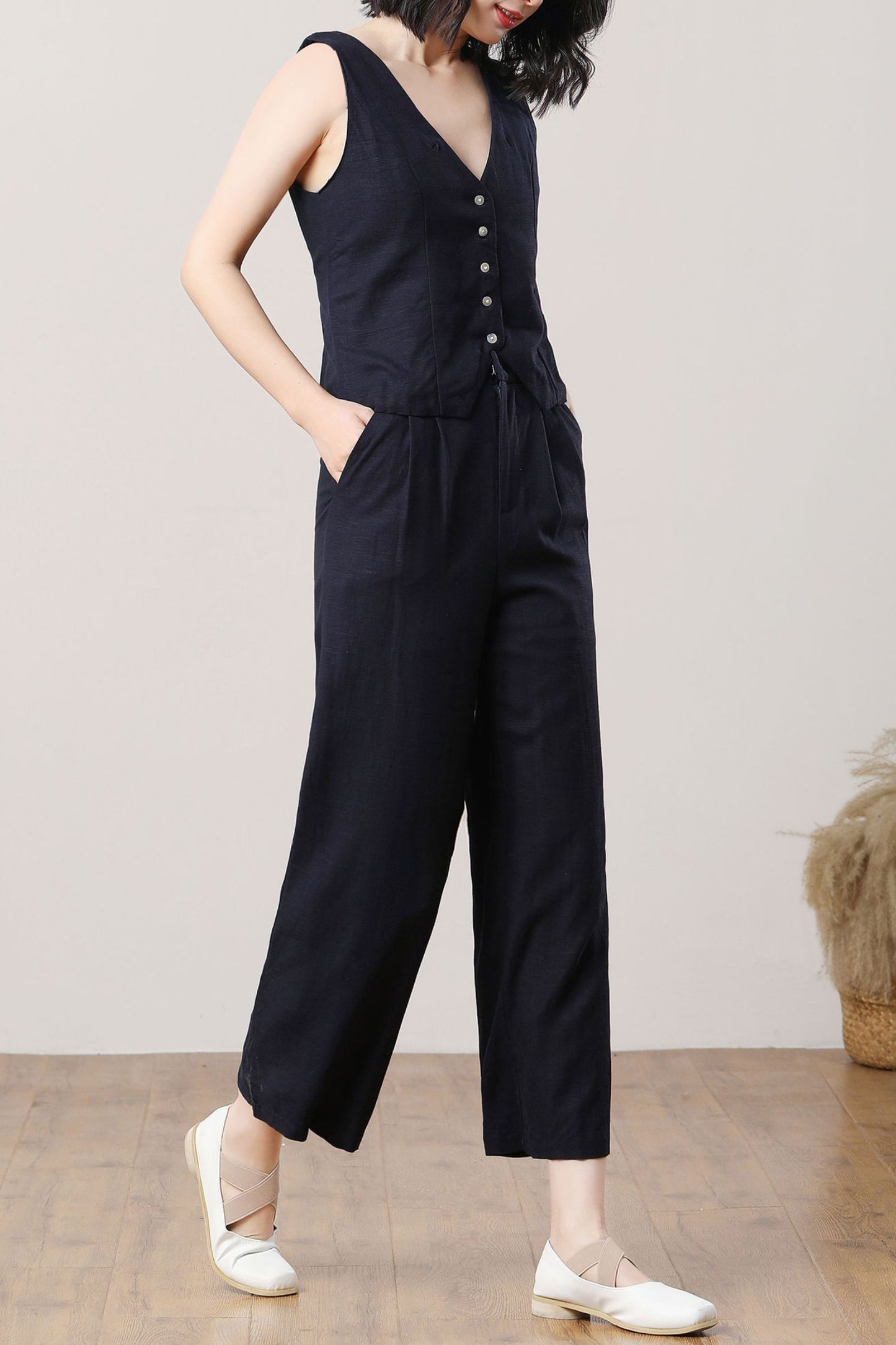 Womens spring and summer Denim blue linen vest suit C3707