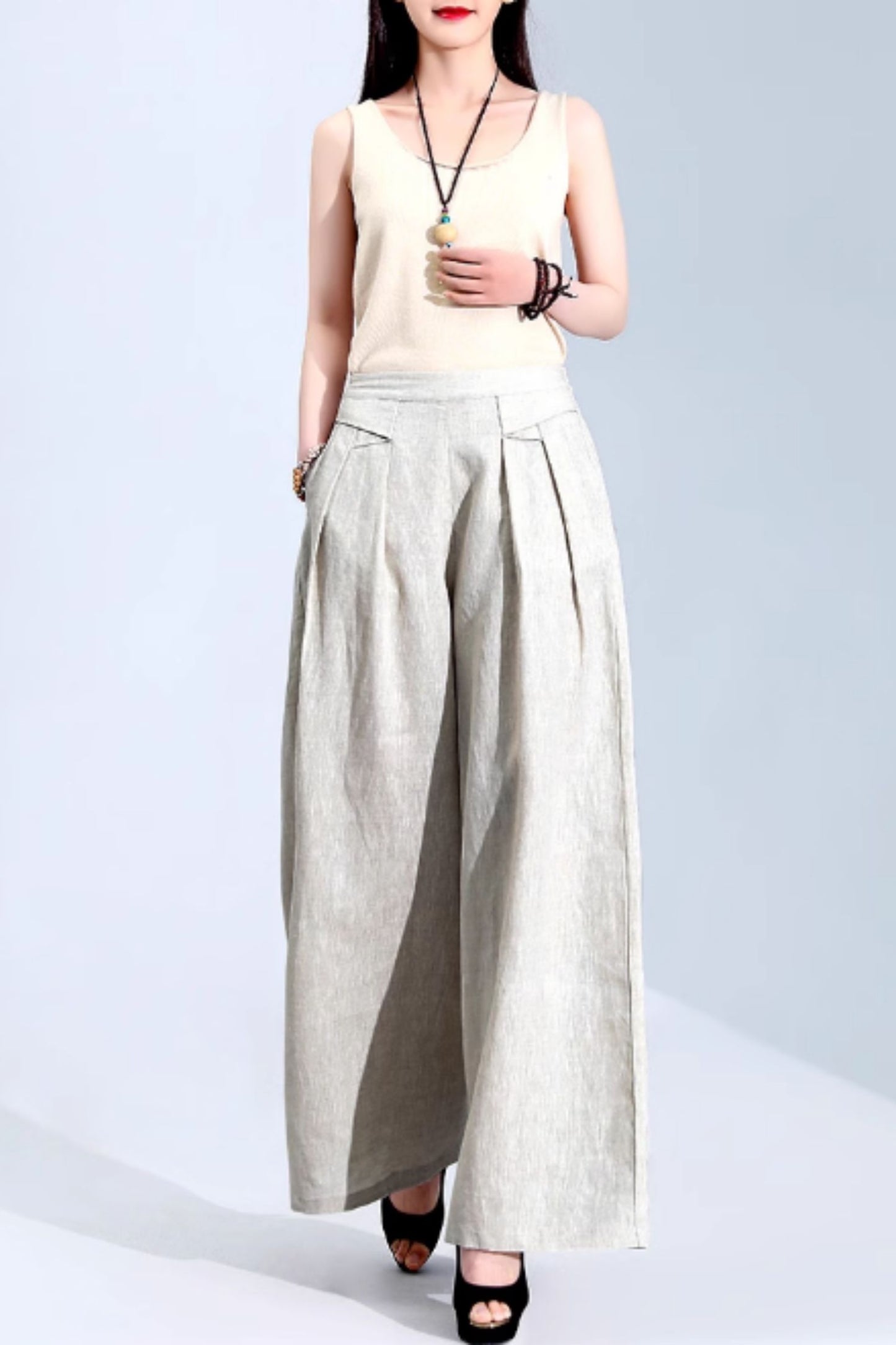 Wide leg long summer linen pants c5069