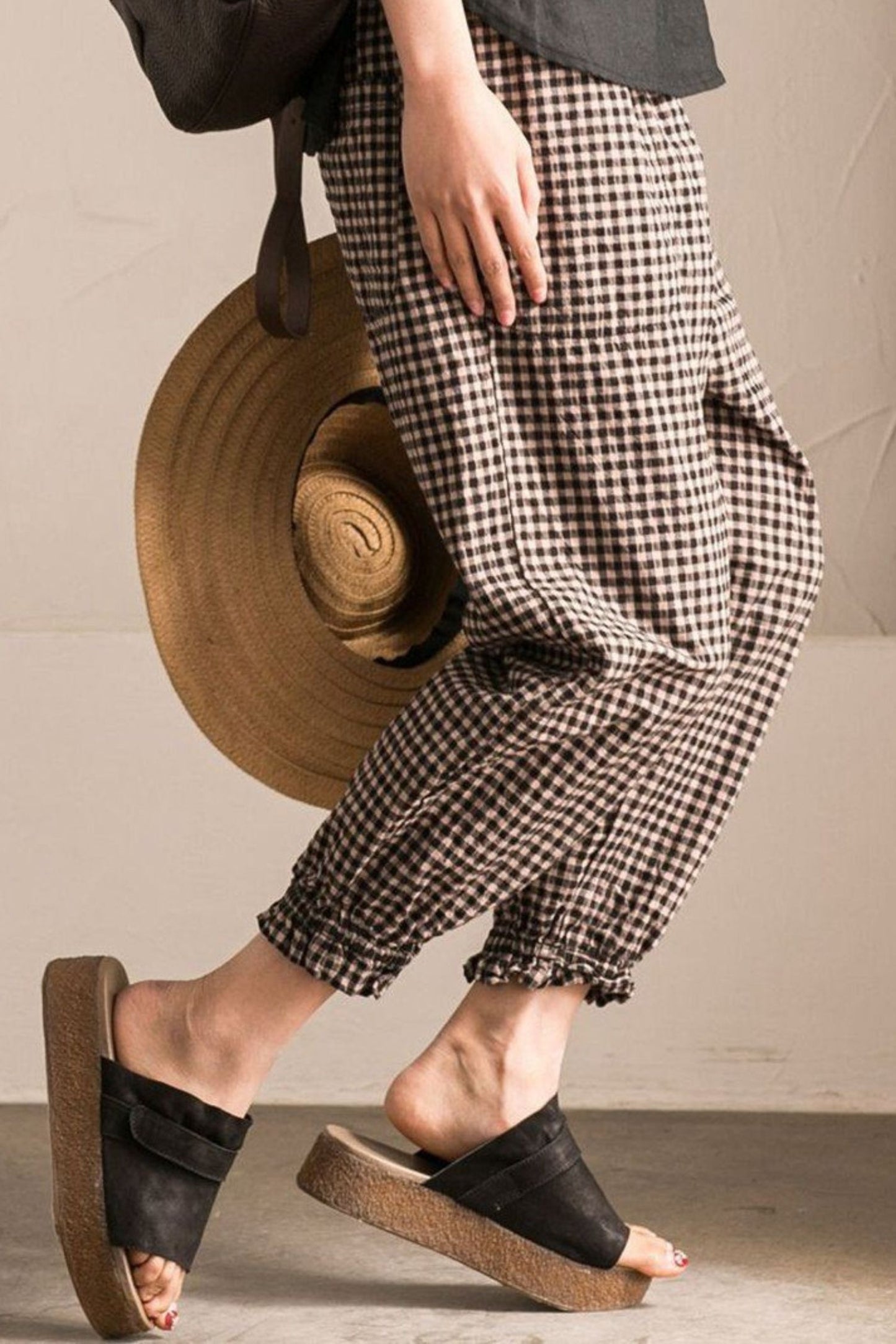 Art Casual Black White Grid Pants Cotton Women Clothes TT0042