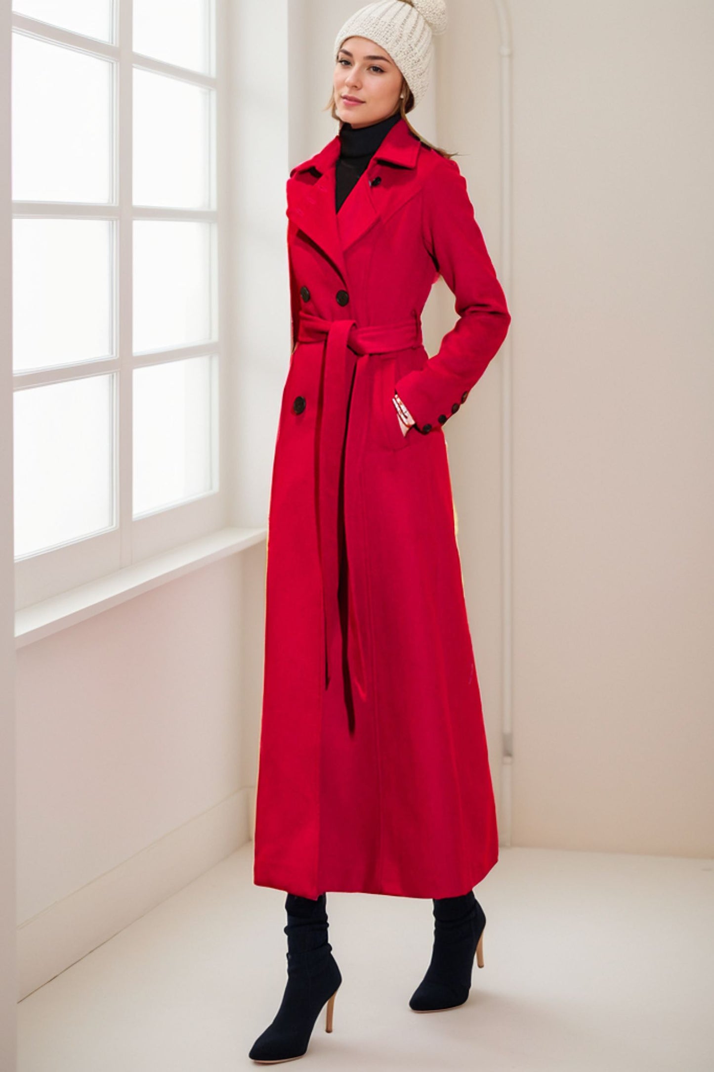 Red Wool trench Double breasted wool midi coat C4073