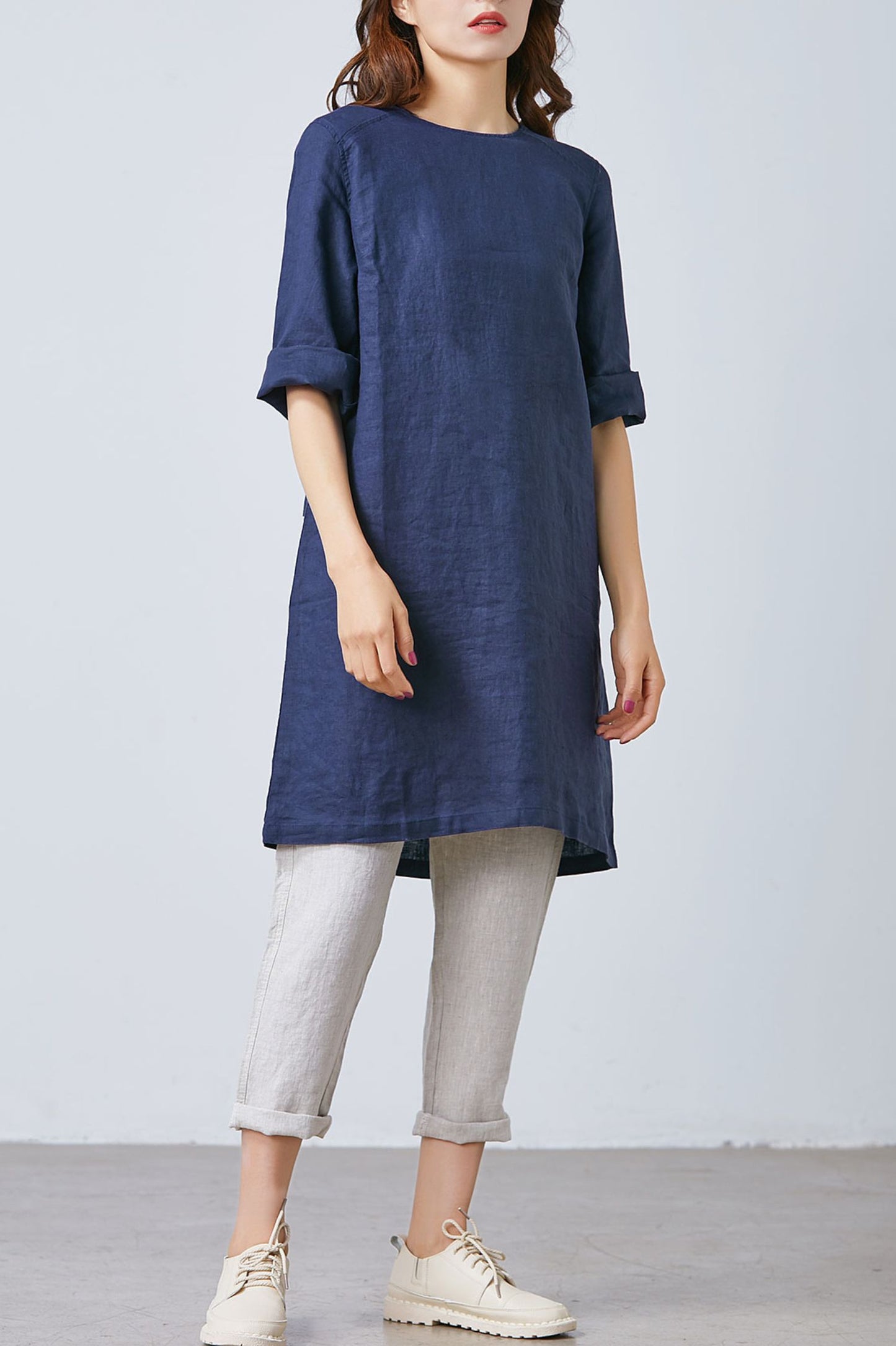 Navy Blue Simple Linen dress C1673