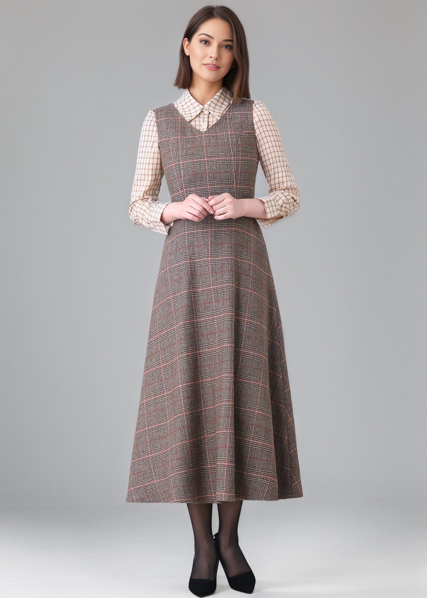 Winter Sleeveless Plaid Wool dress Women C5150