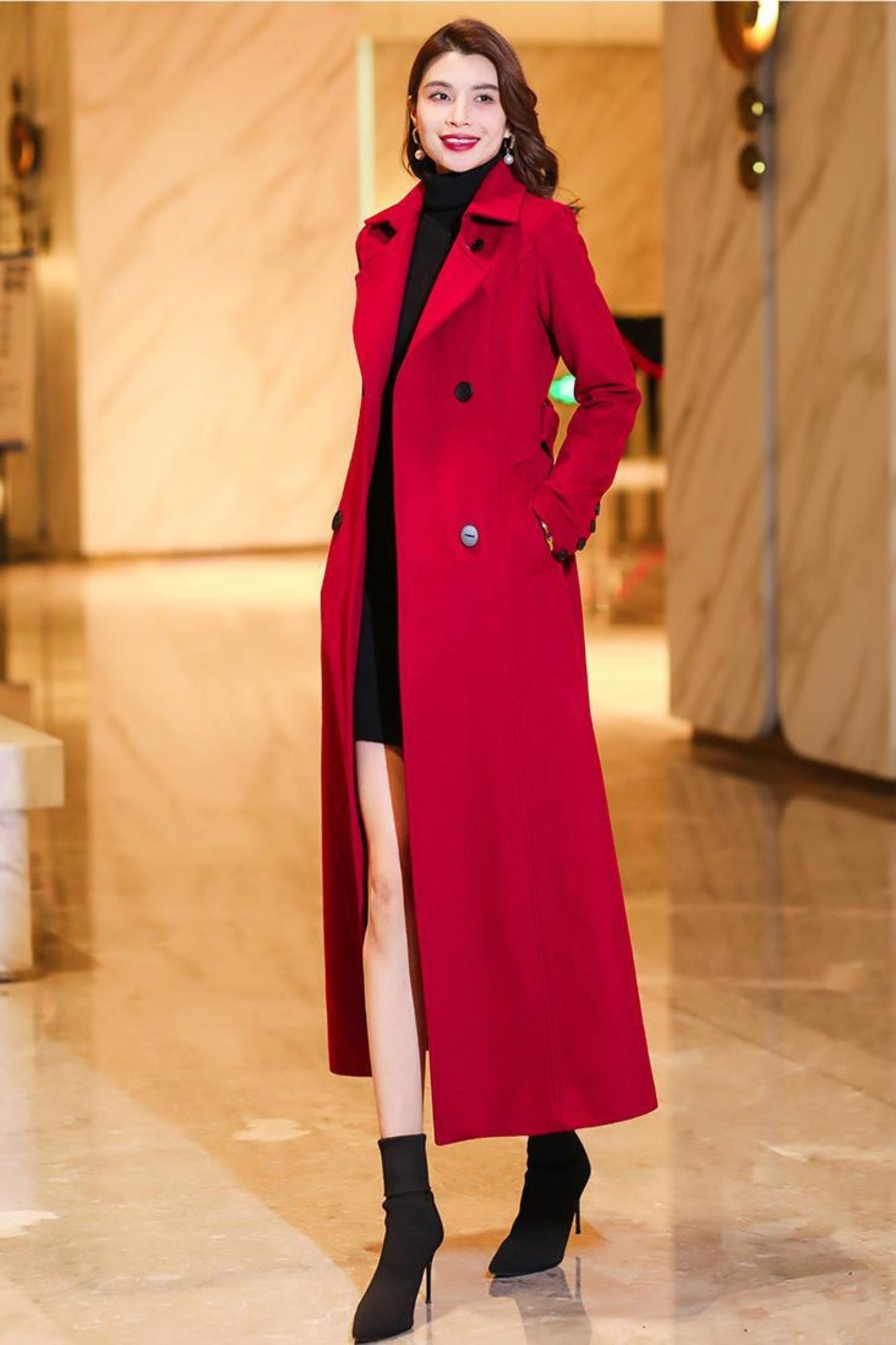 Women's Medium-length Red wool coat C3774
