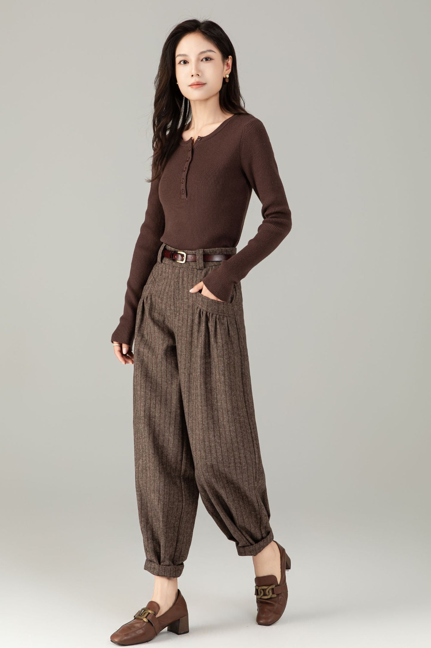 Brown Wool Striped Trousers - Classic Fit & Comfort | Winter Smart Casual Pants C5244