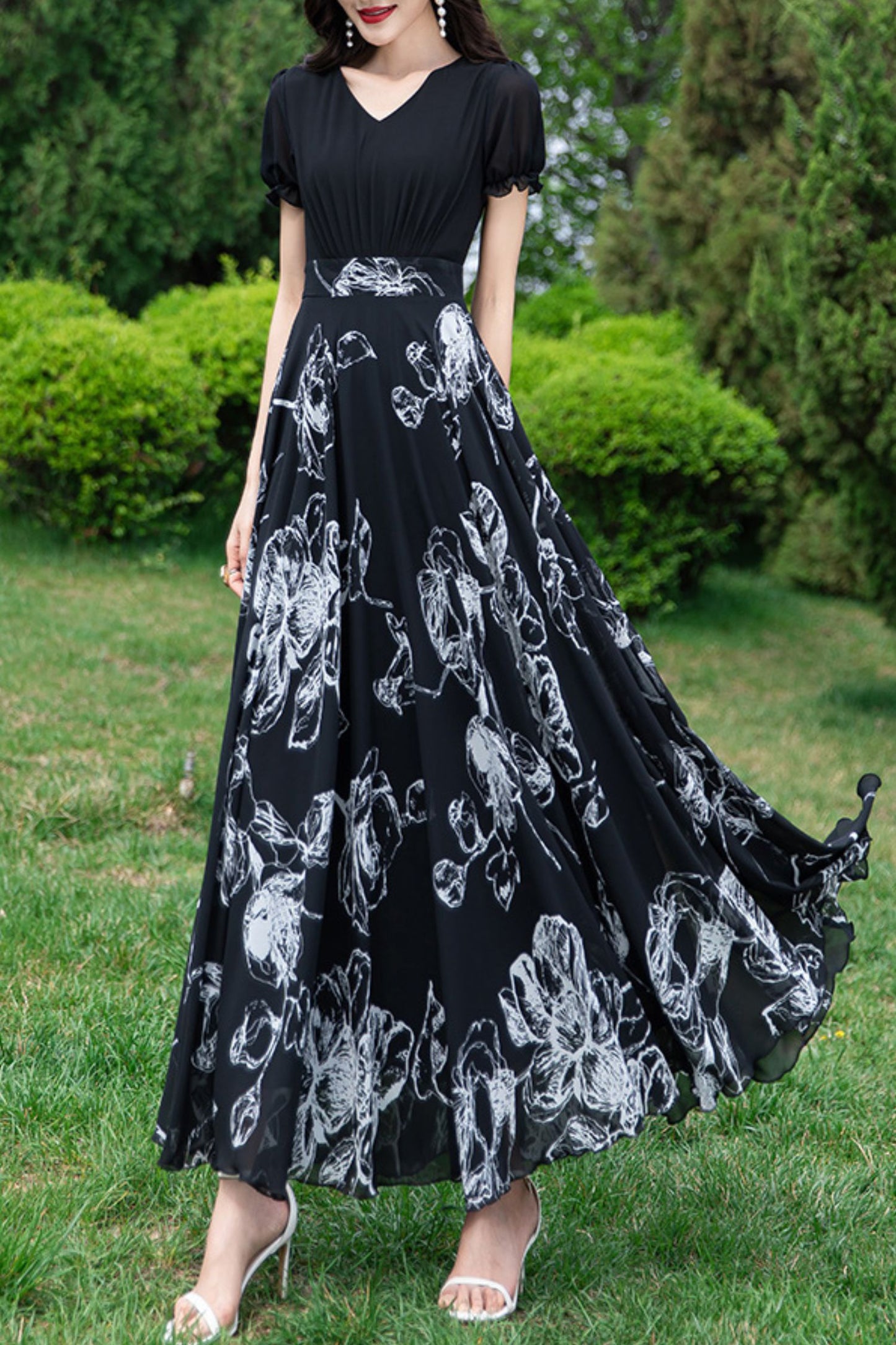 Black summer new chiffon  large swing dress C3981